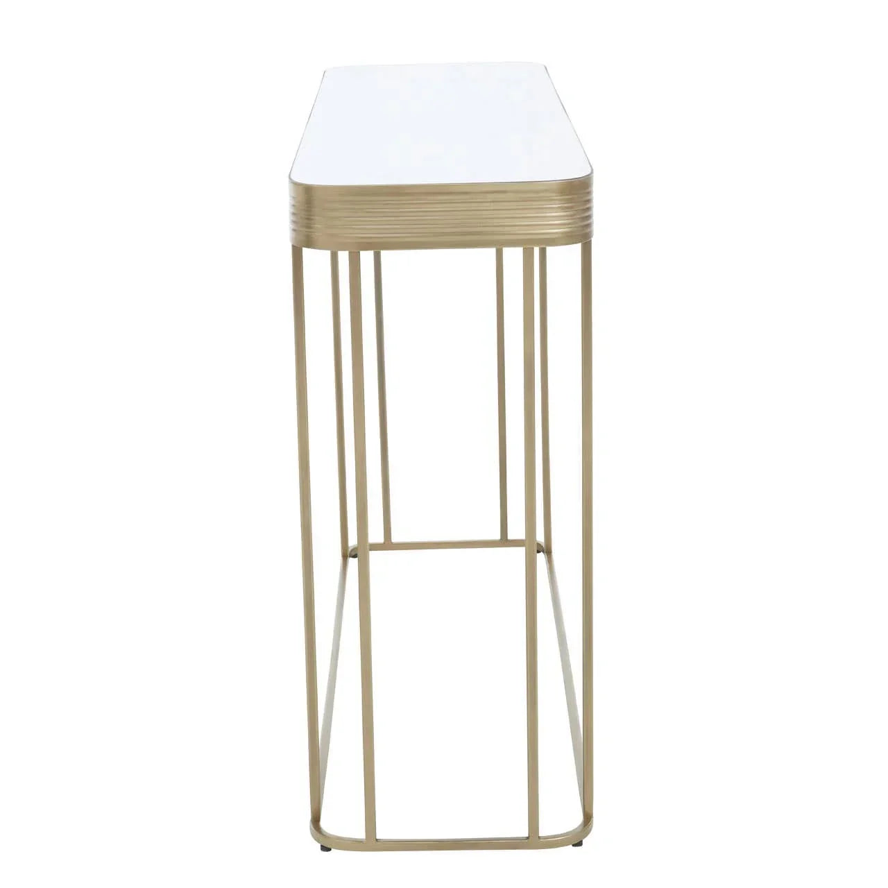 Slim gold metal console table with white rectangular top, side angle view