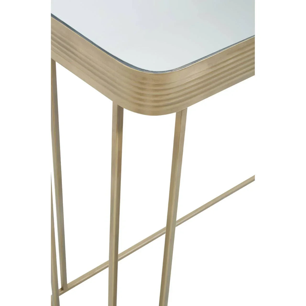 Glass top side table with gold metal frame and rounded corner detail