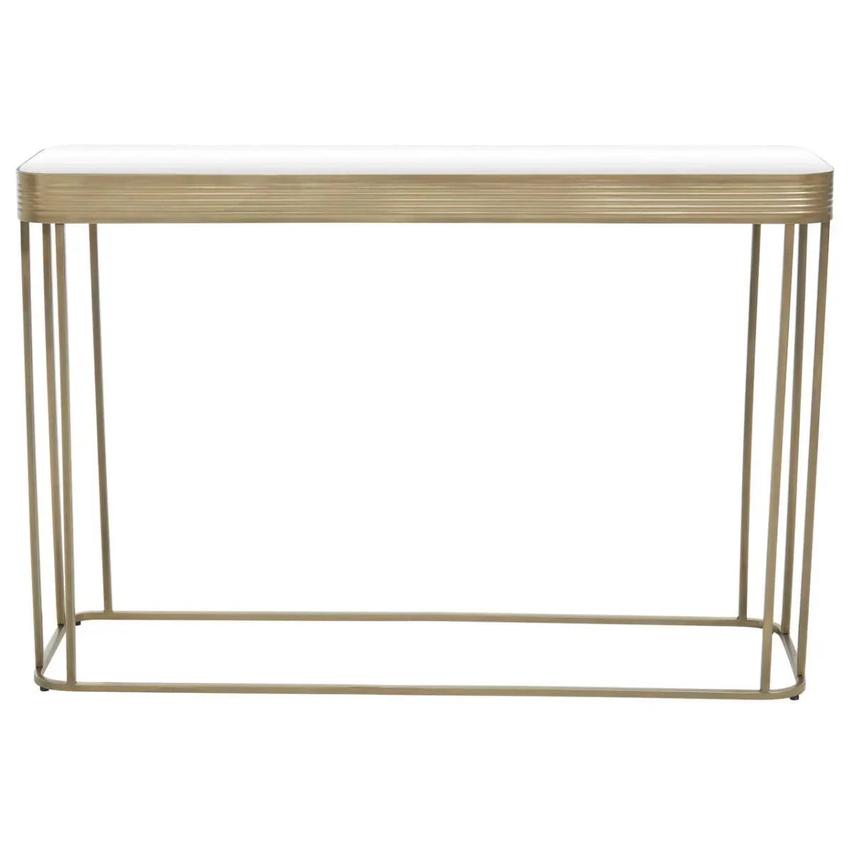 Gold metal console table with white rectangular top and open frame design