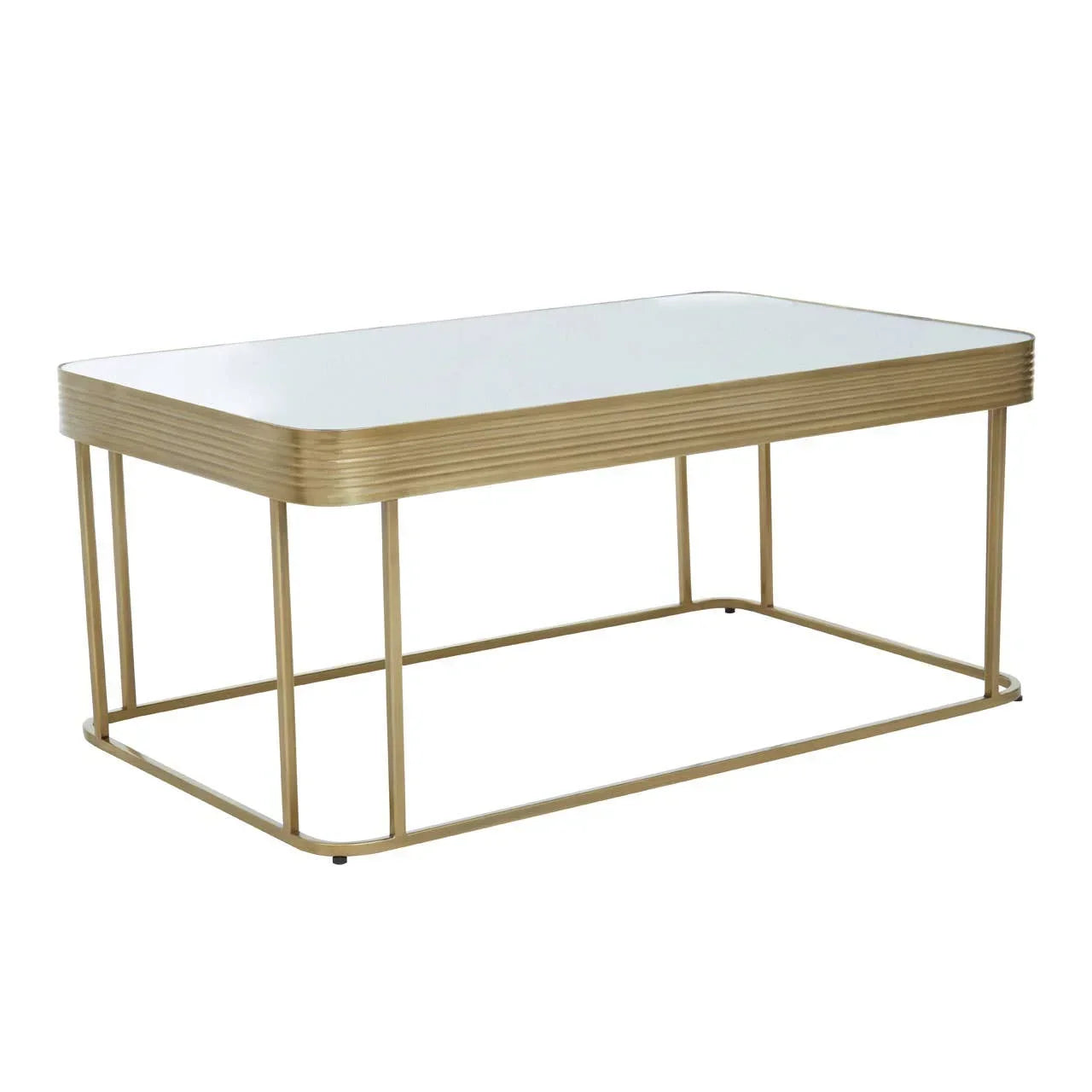 Rectangular glass coffee table with gold metal frame and rounded corners