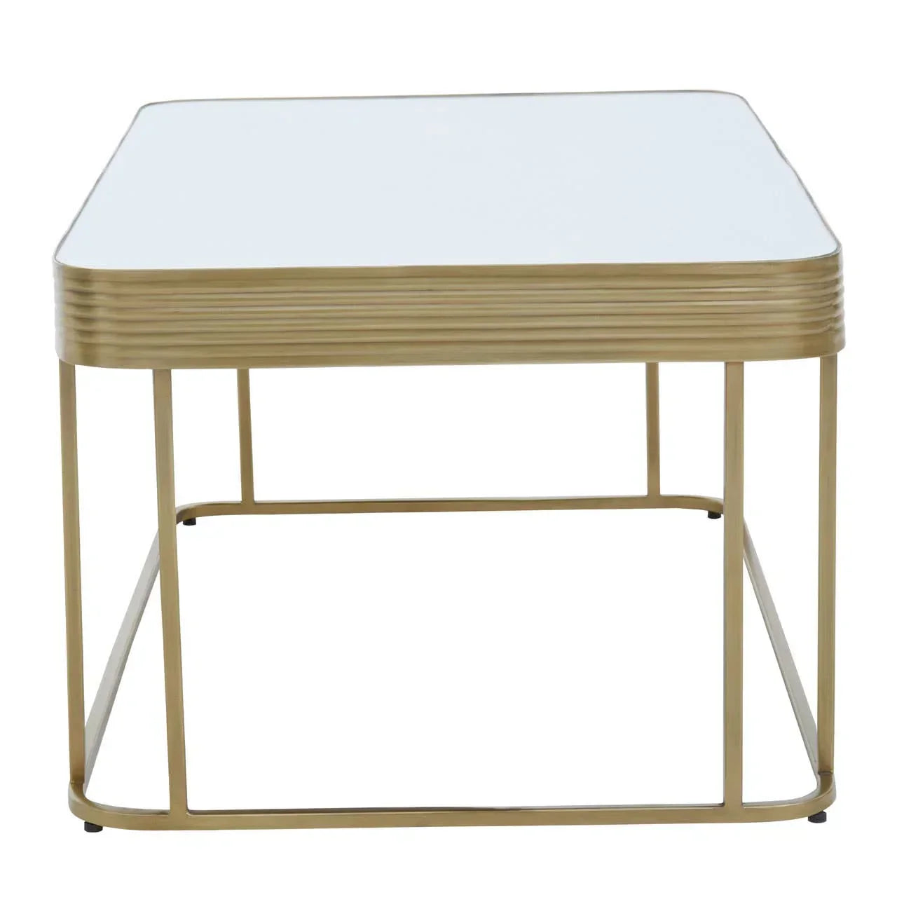 Square glass top coffee table with gold metal frame and modern ribbed edge design