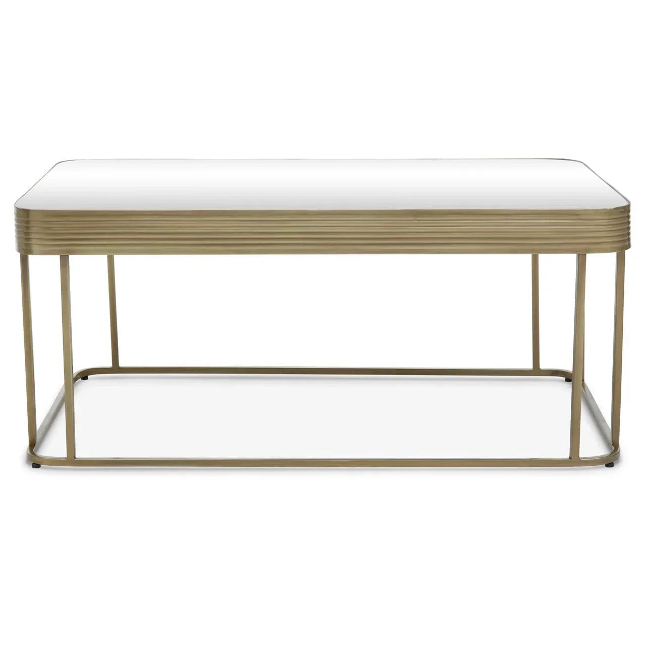 Rectangular glass coffee table with gold metal frame and ribbed edge detail