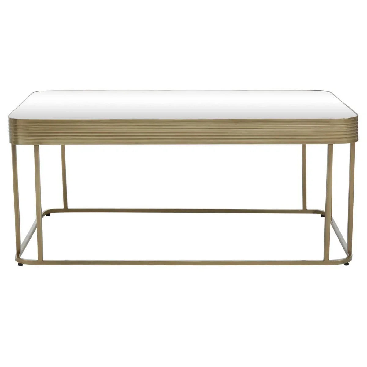 Rectangular glass coffee table with gold metal frame and ribbed detailing, front view