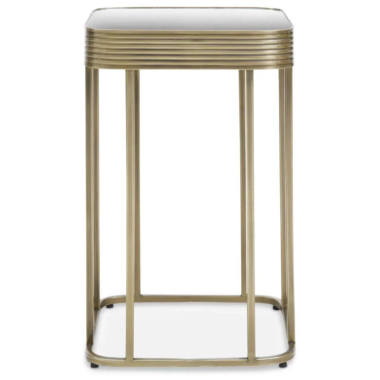 Brass metal side table with rounded corners and mirrored top, modern accent furniture