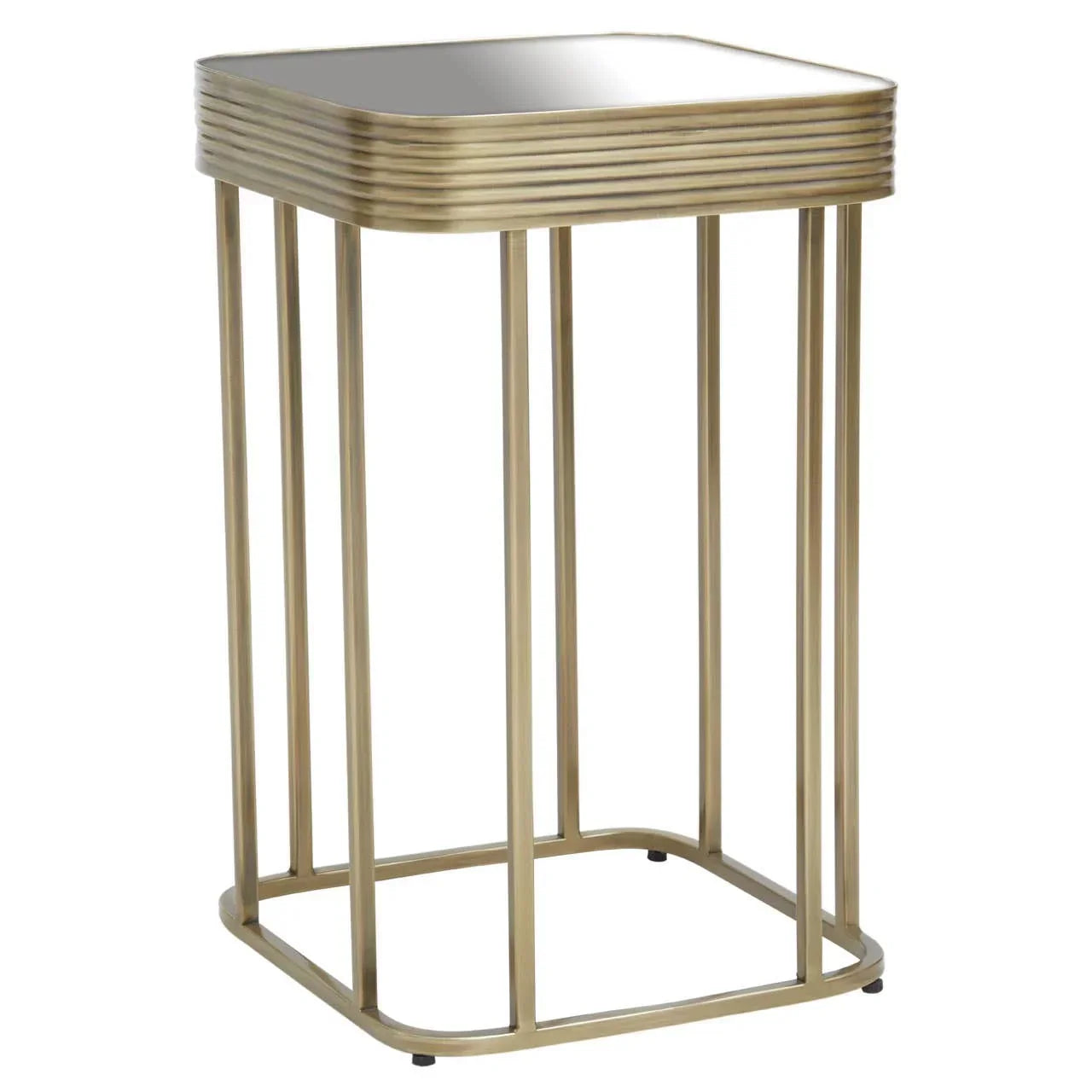 Gold metal side table with mirrored top and square frame