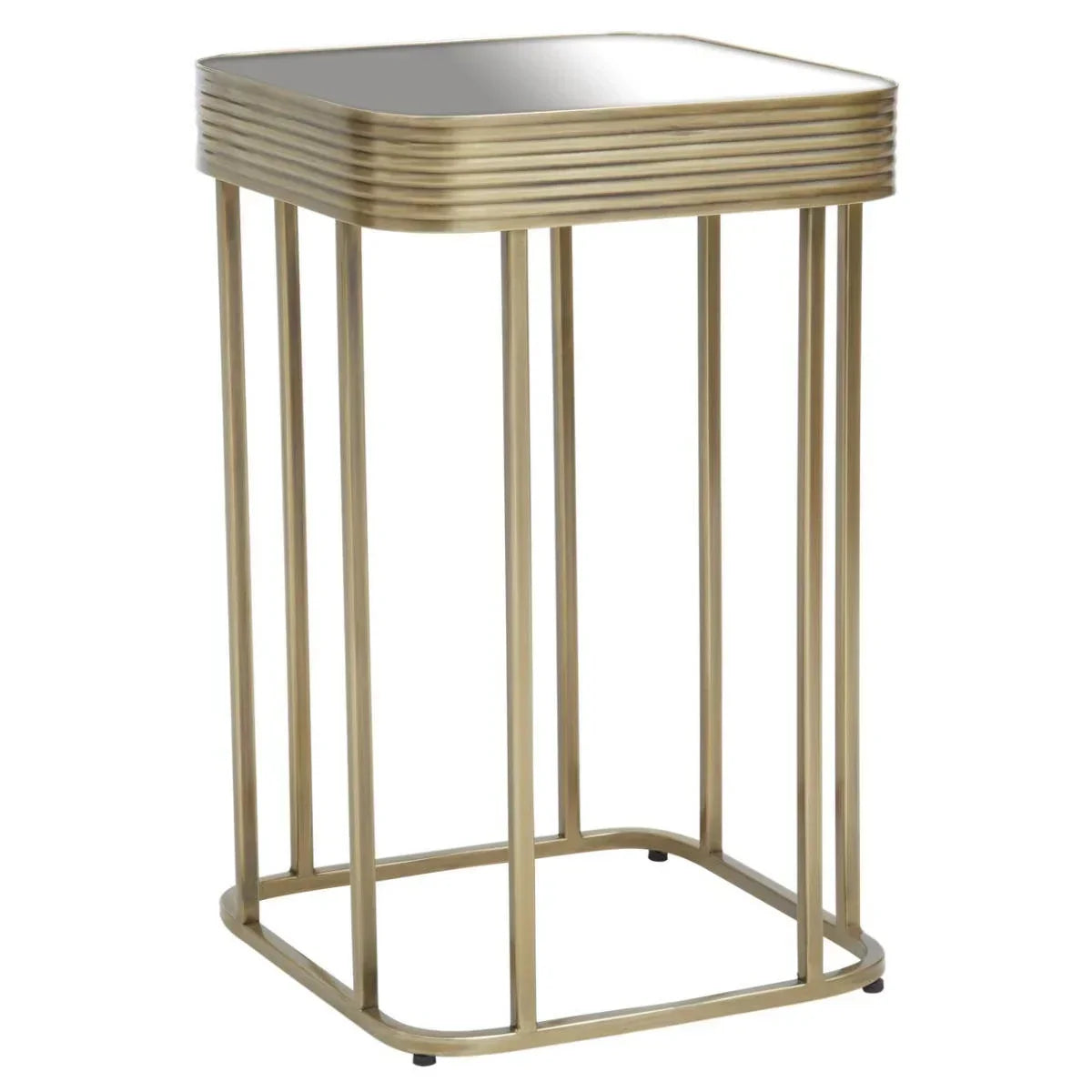 Gold metal side table with mirrored top and ribbed edge design