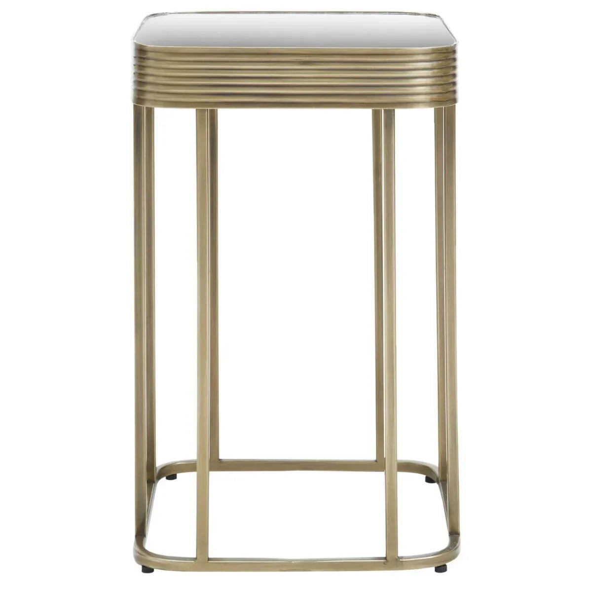 Brass metal side table with ribbed edging and glass top, straight view