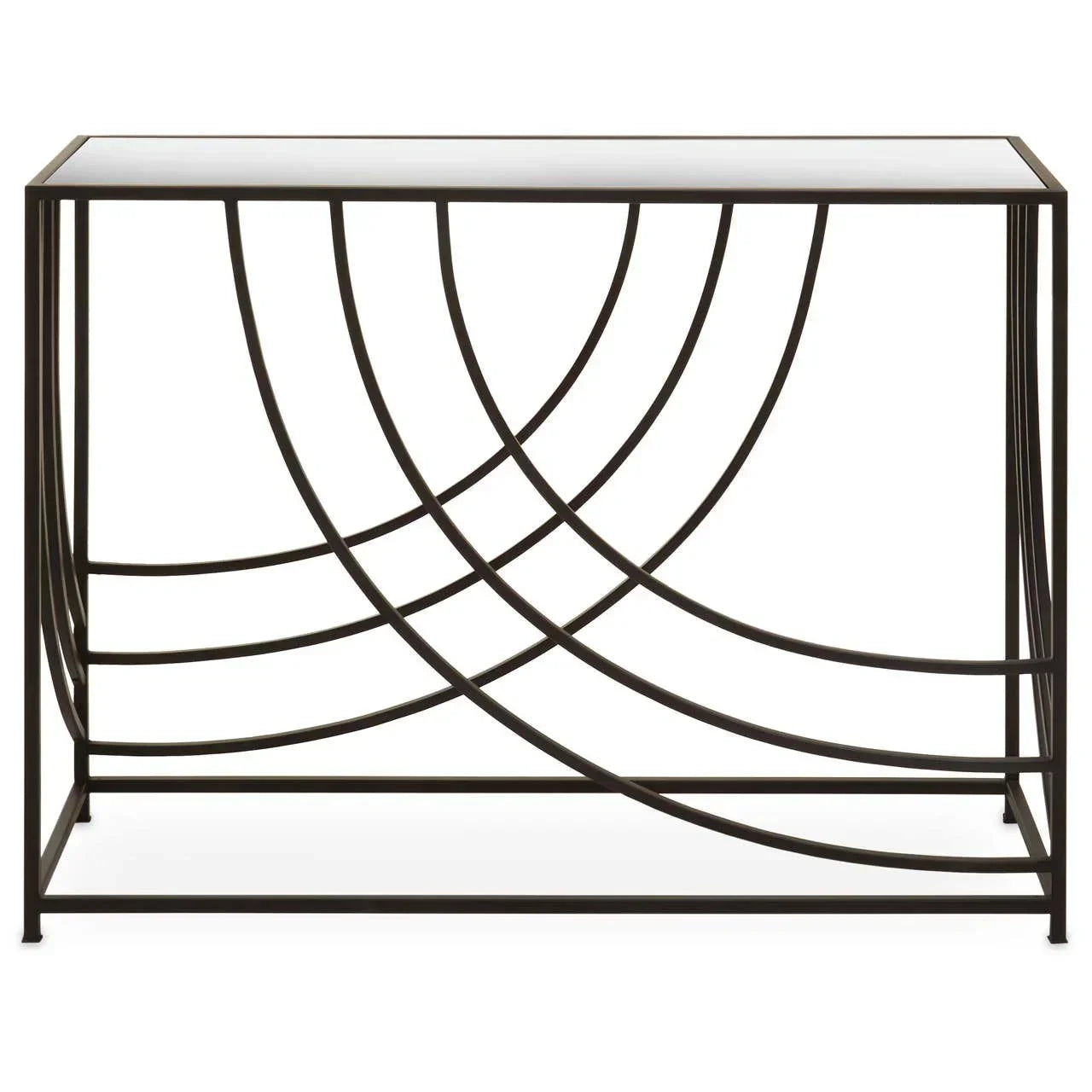 Glass console table with black metal frame and curved geometric design