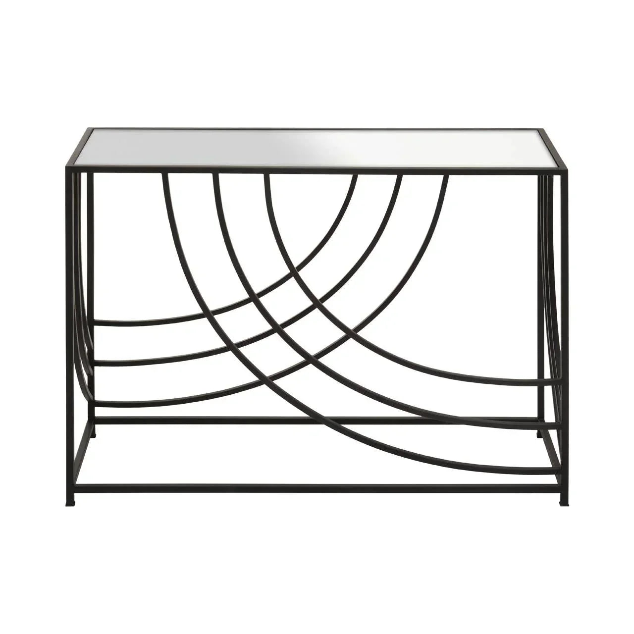 Glass top console table with black metal frame and curved geometric design