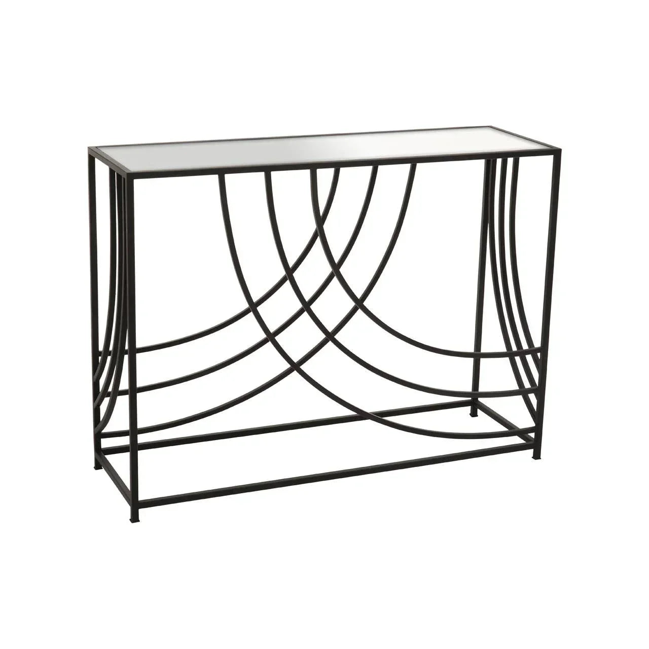 Black metal console table with geometric curved frame and glass top