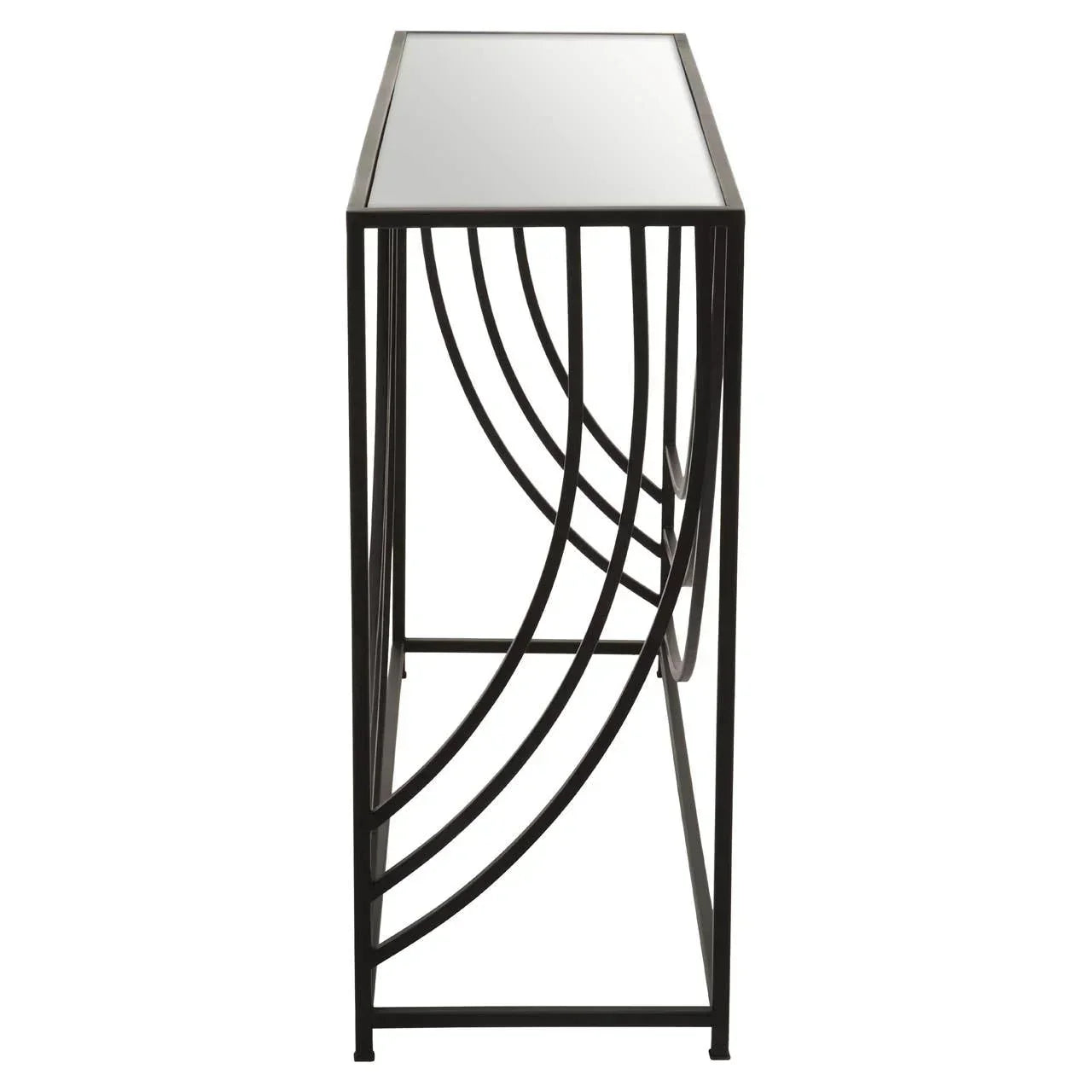 Side view of black metal console table with mirrored top and curved geometric frame