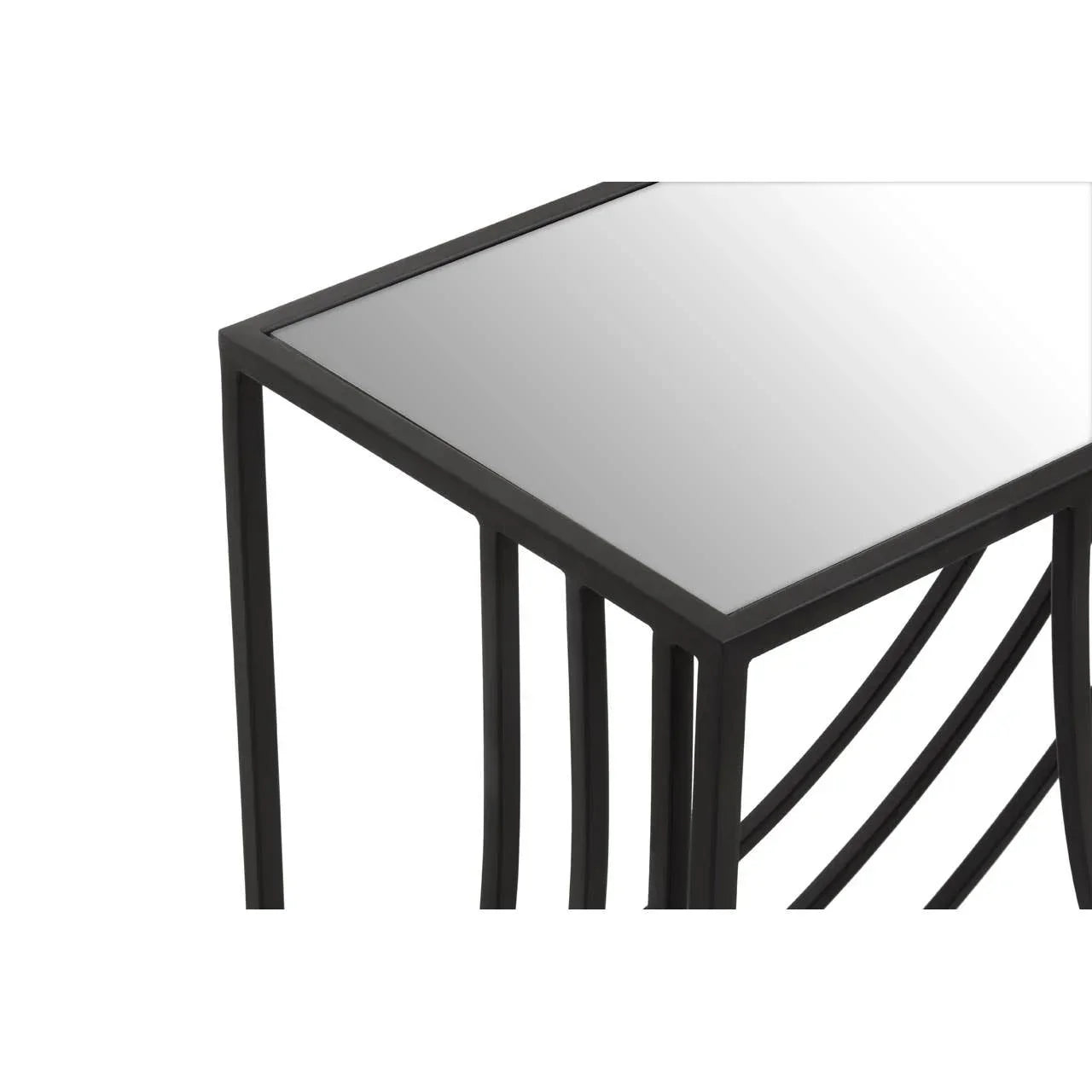 Glass top side table with black metal frame and geometric base, corner close-up