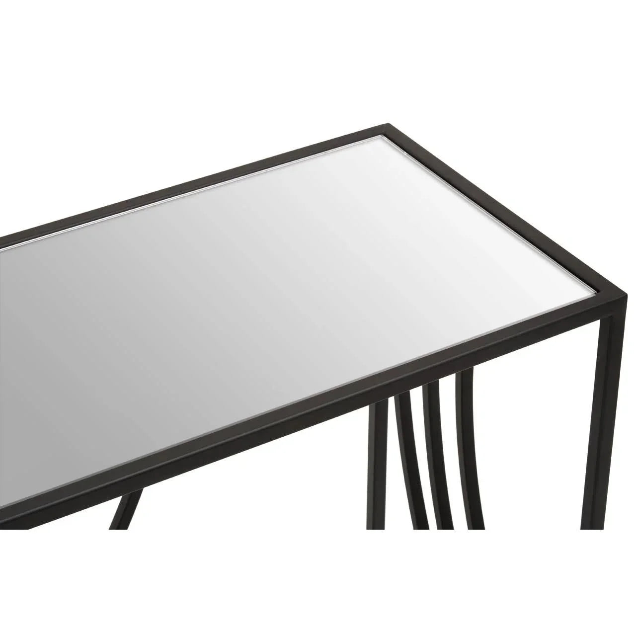 Rectangular glass top console table with black metal frame, corner and leg detail view