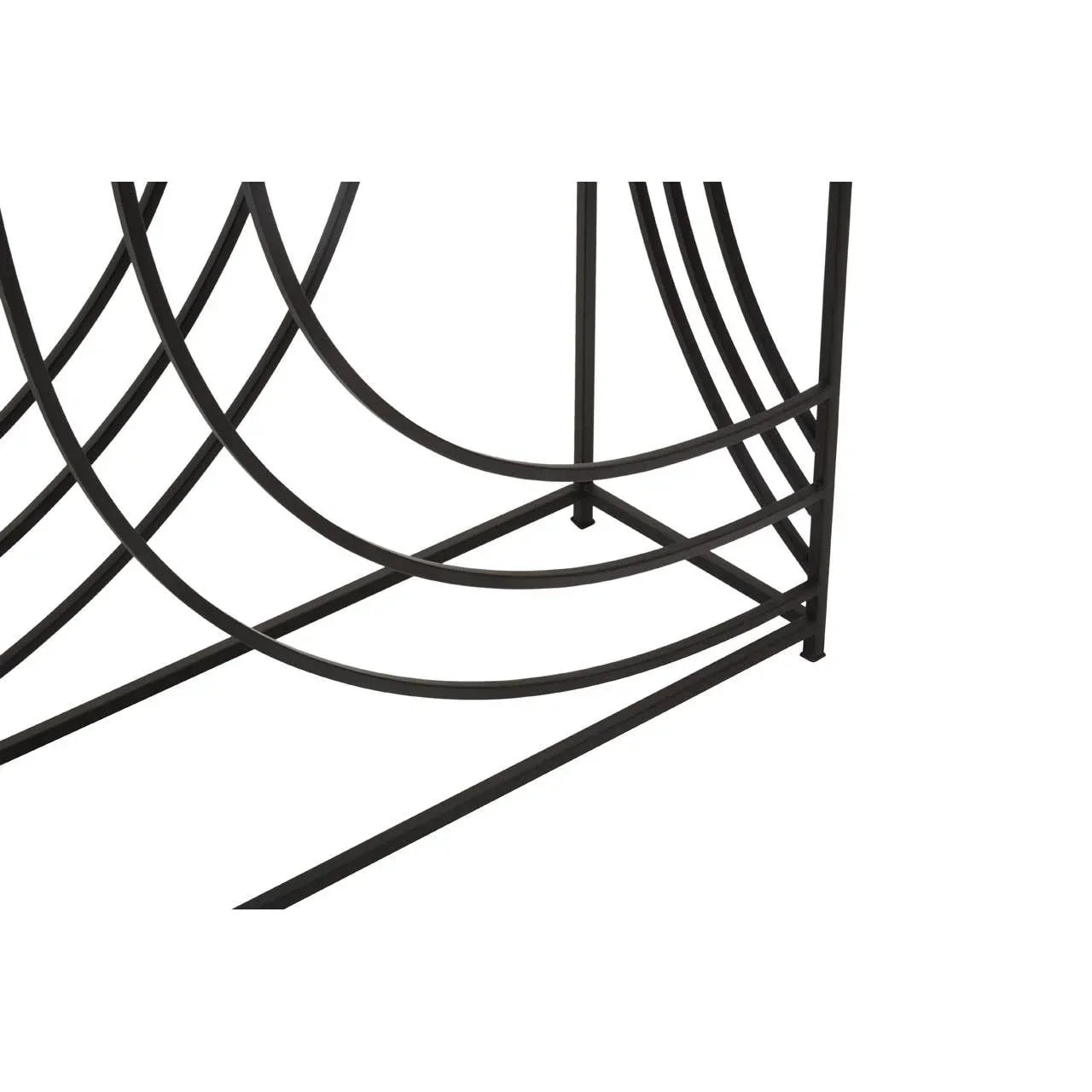 Black metal furniture frame with curved bars and geometric design detail