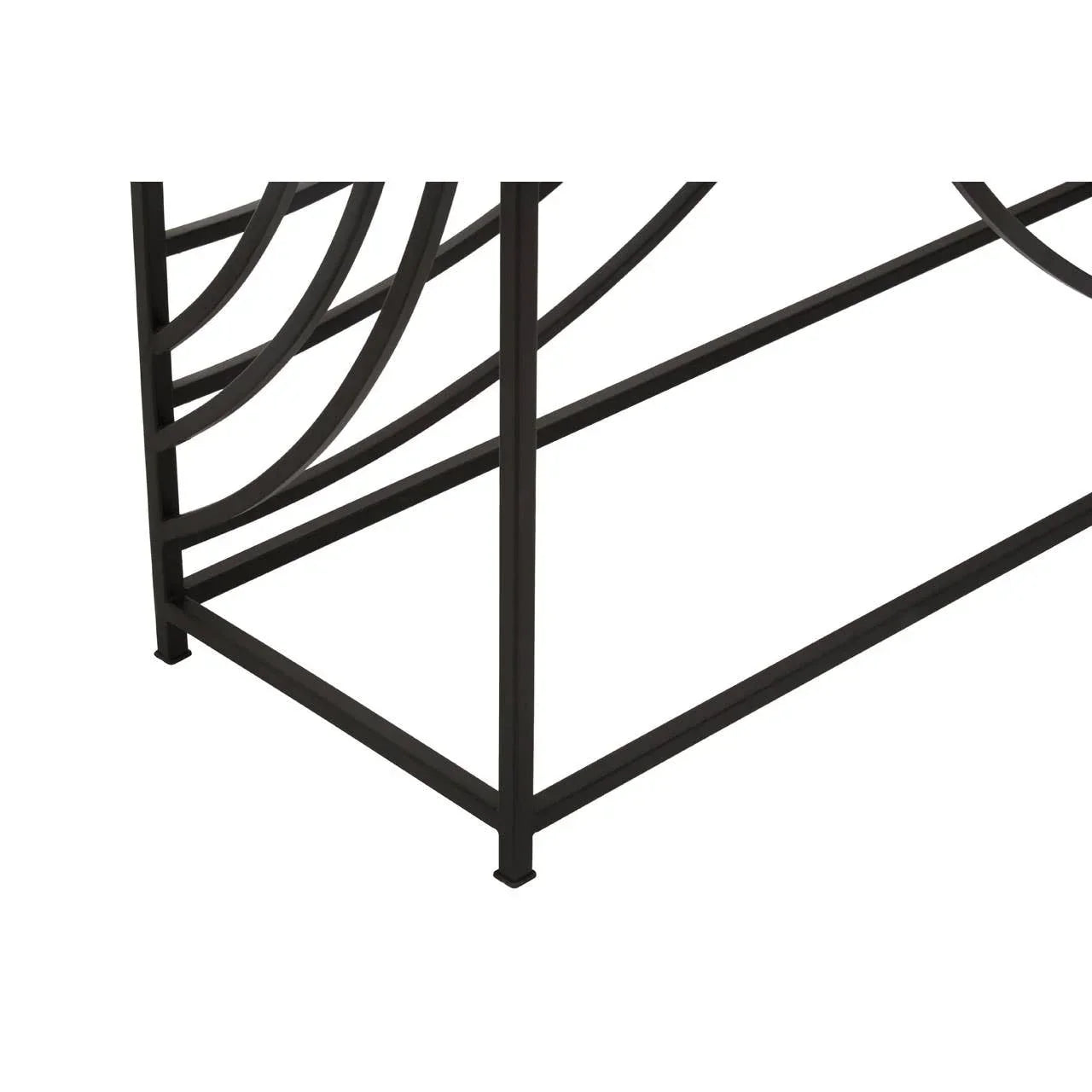Black metal table leg with geometric curved frame detail, close-up view