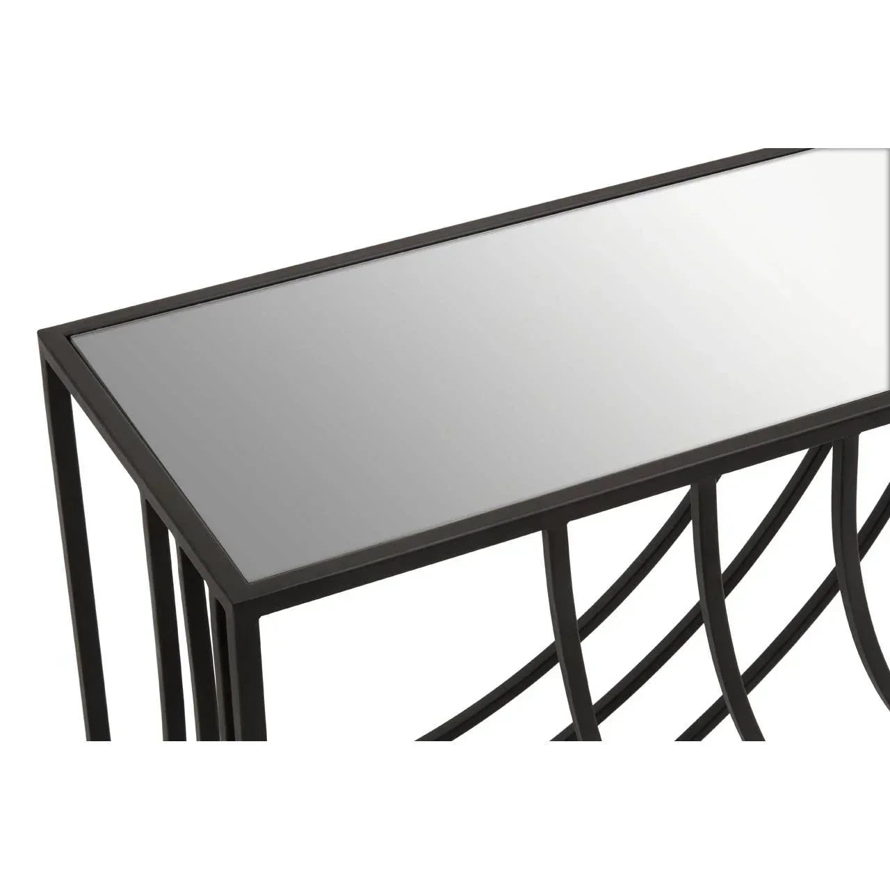 Rectangular glass console table with black metal frame and geometric base detail