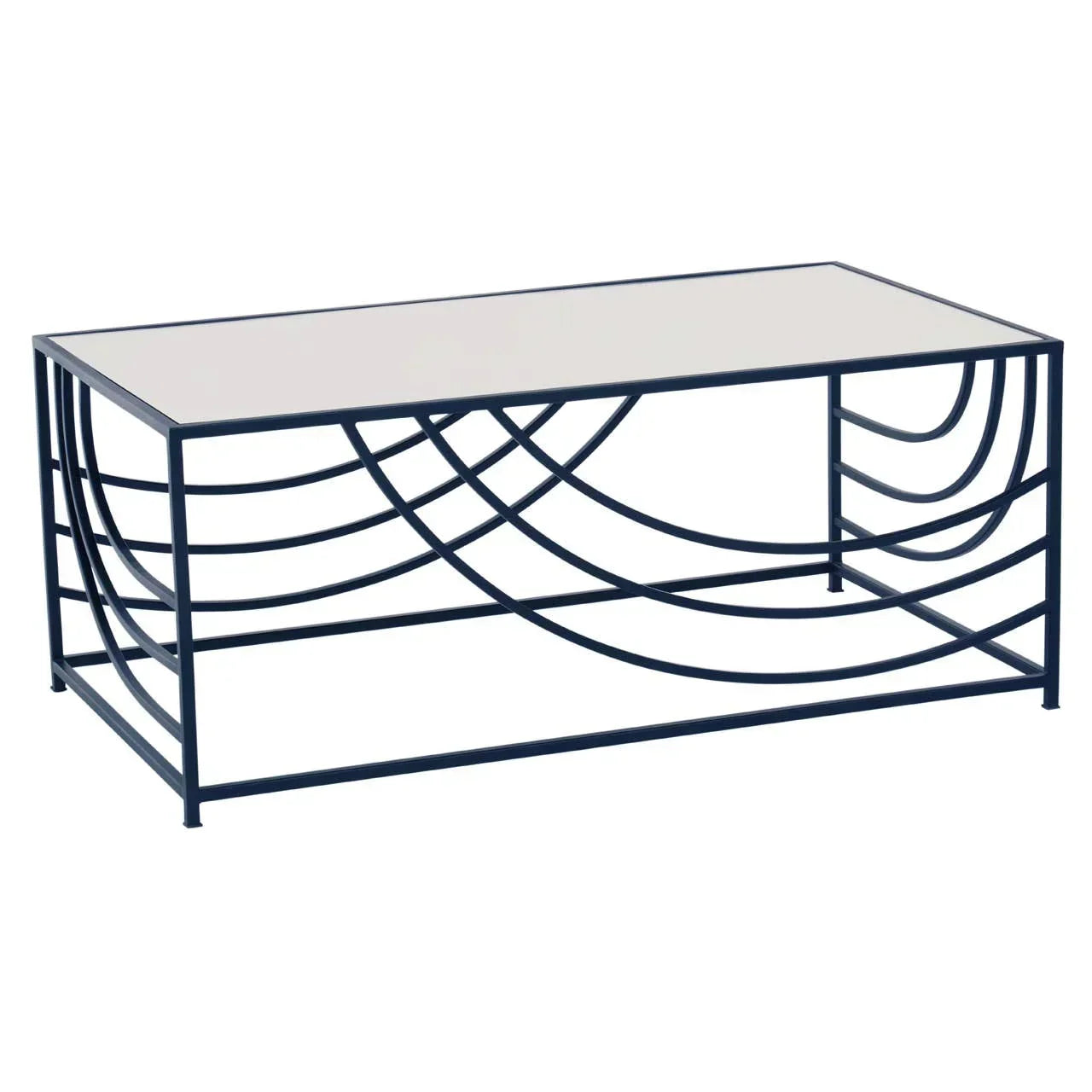 Rectangular glass coffee table with black metal geometric frame