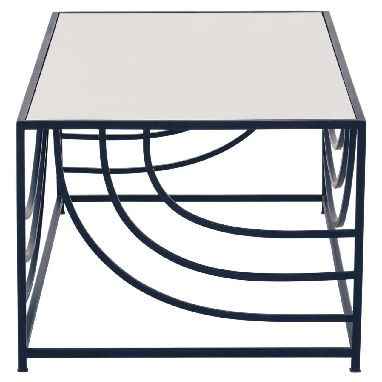 Rectangular glass coffee table with black metal geometric frame, front view