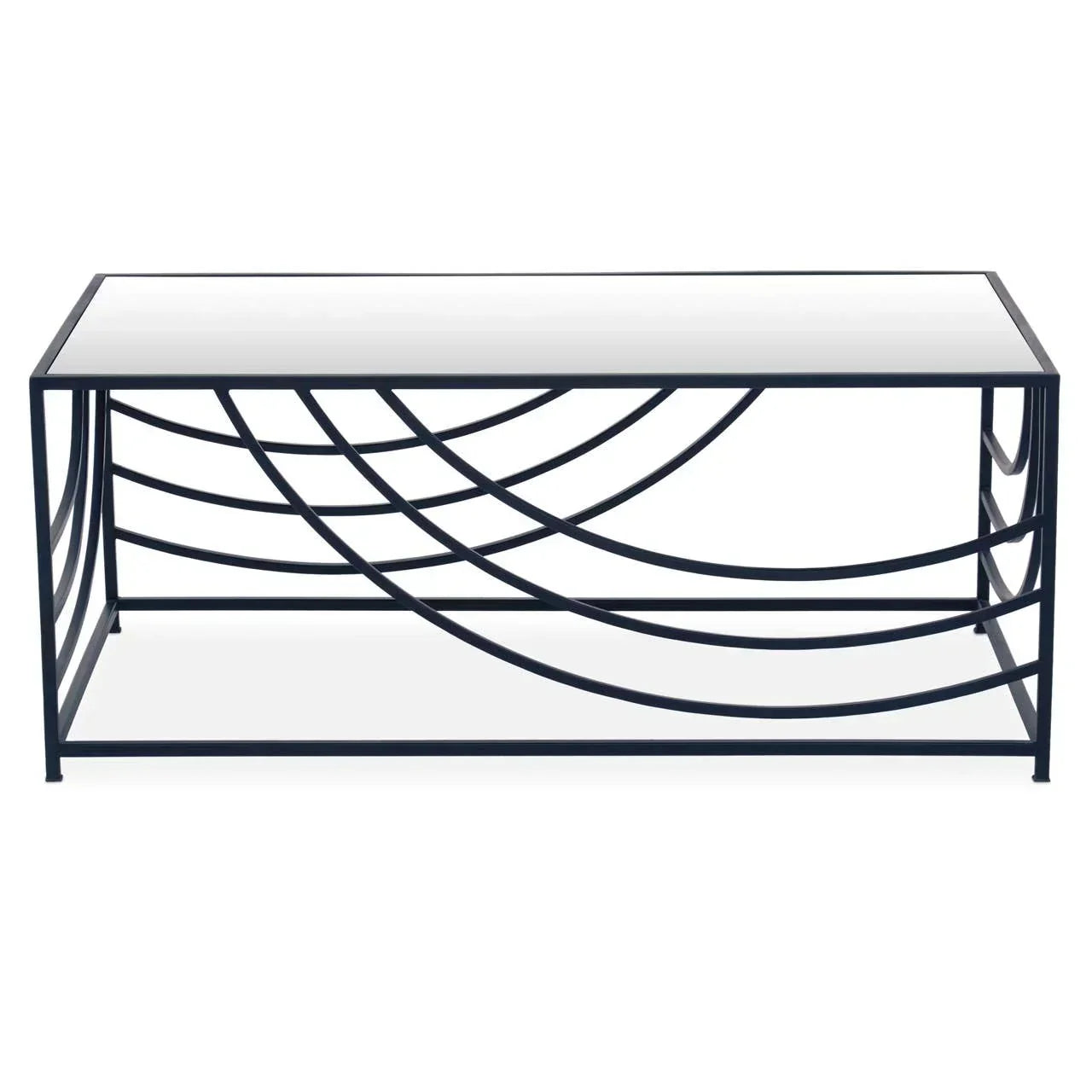 Glass top coffee table with black metal frame and curved geometric side design