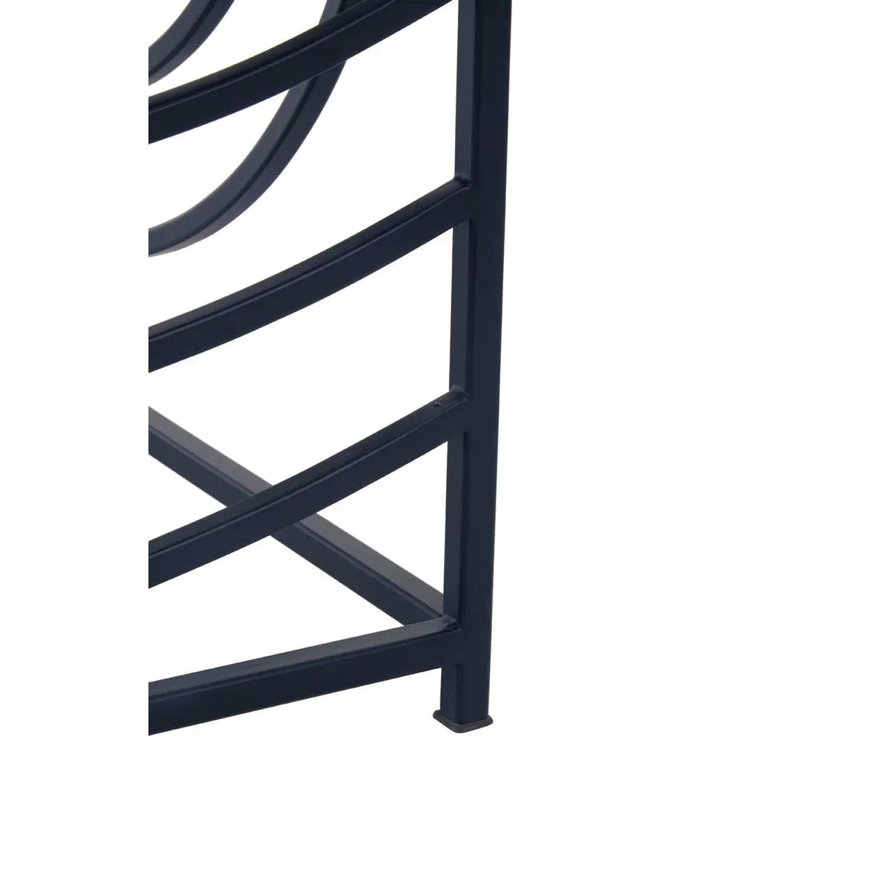 Black metal table leg with curved bar detail on white background
