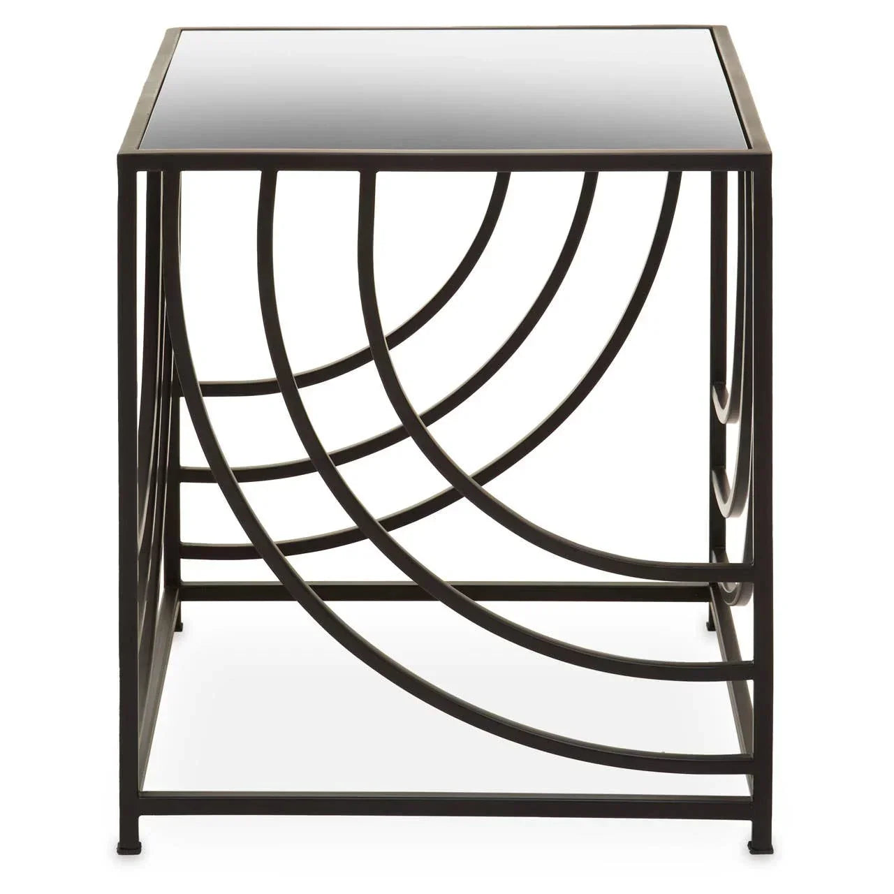 Black metal side table with geometric curved frame and glass top, front view