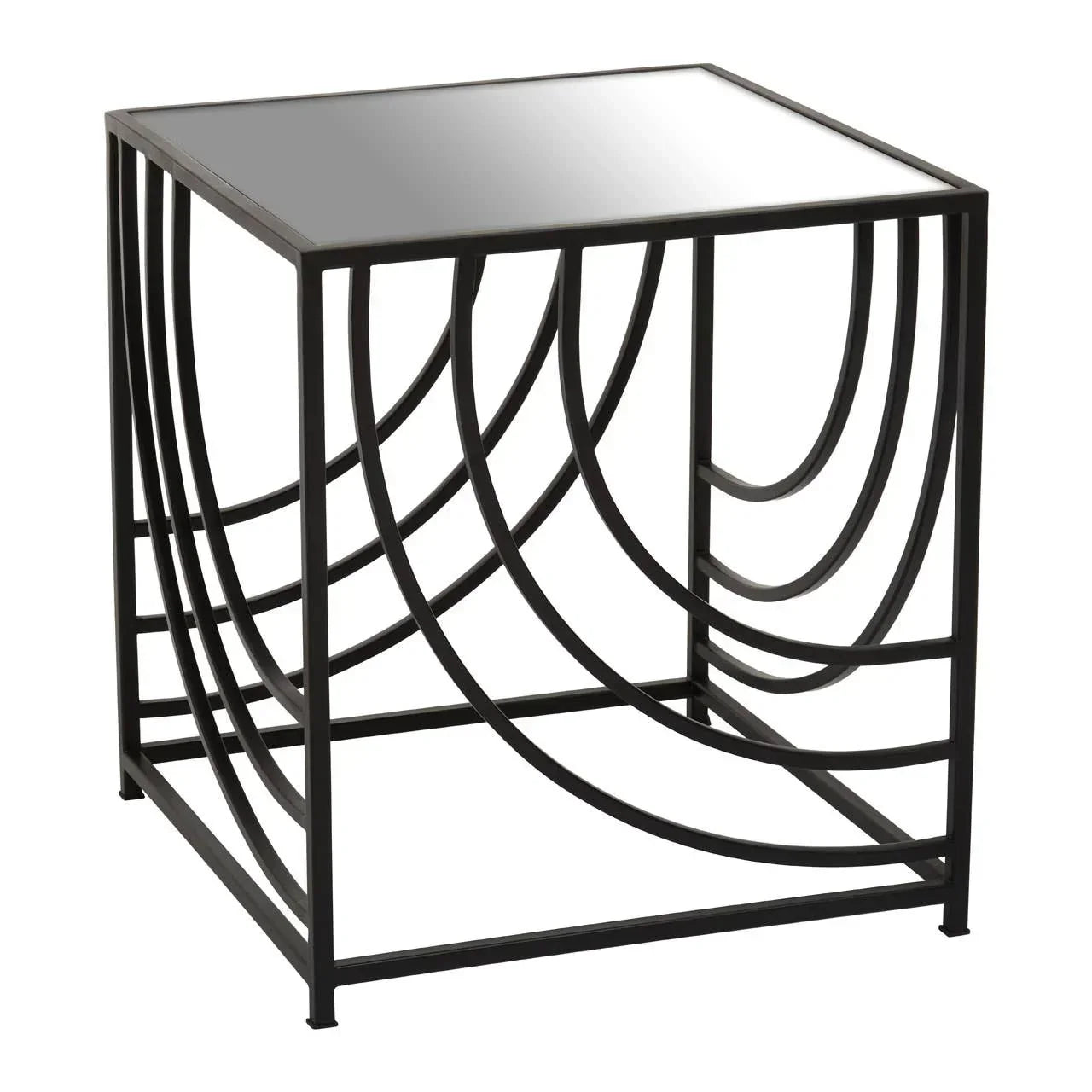Black metal side table with geometric curved frame and square glass top