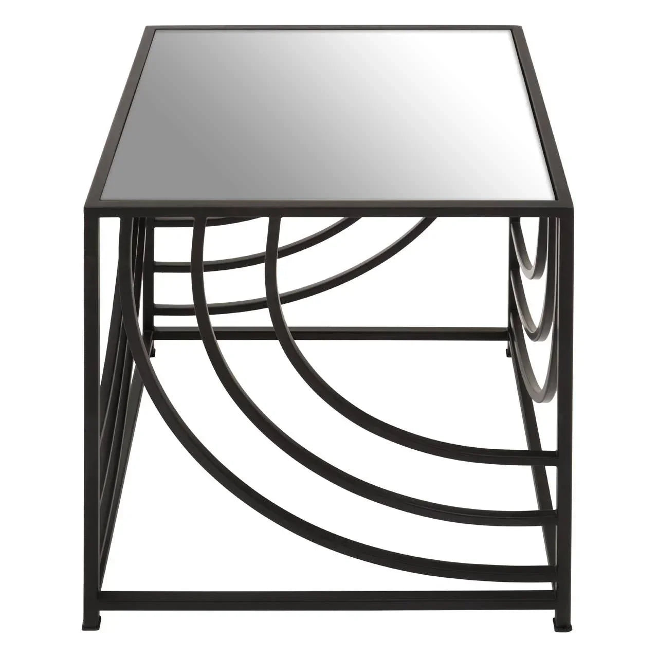 Glass top coffee table with black metal frame and geometric curved side design, side view