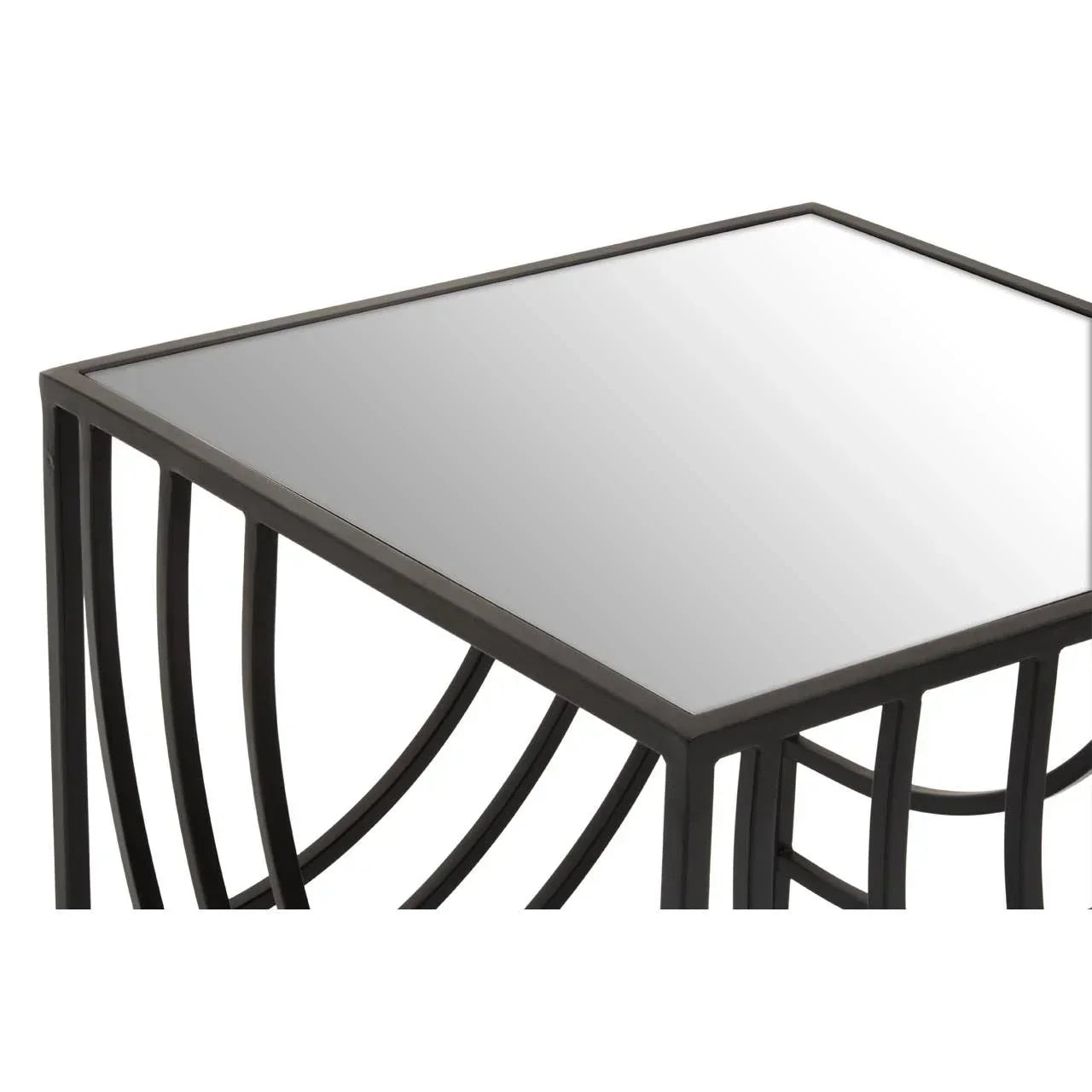 Square glass top side table with black metal frame and geometric base design