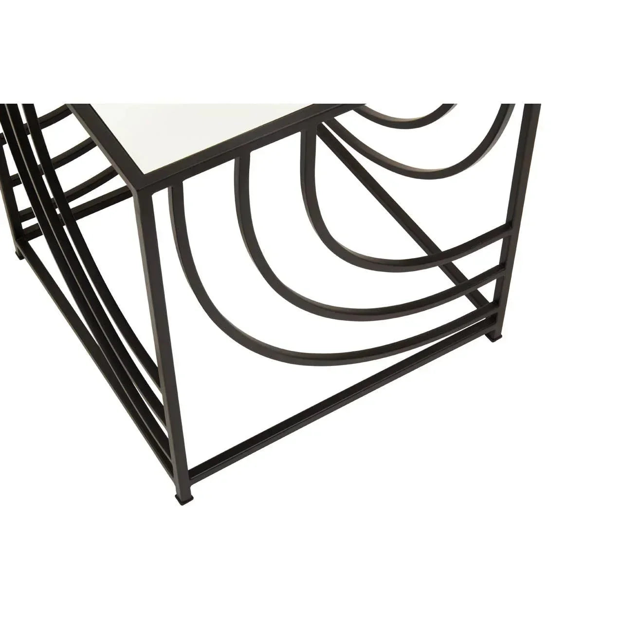 Black metal side table with geometric curved base and white tabletop, corner angle view