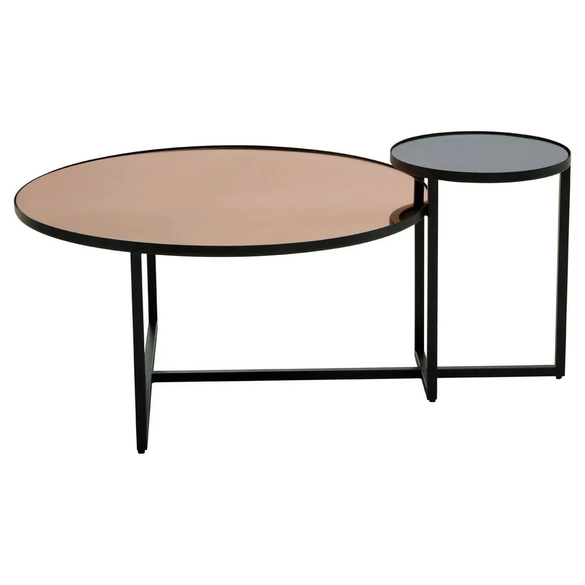 Round glass coffee table with black metal frame and attached smaller side table