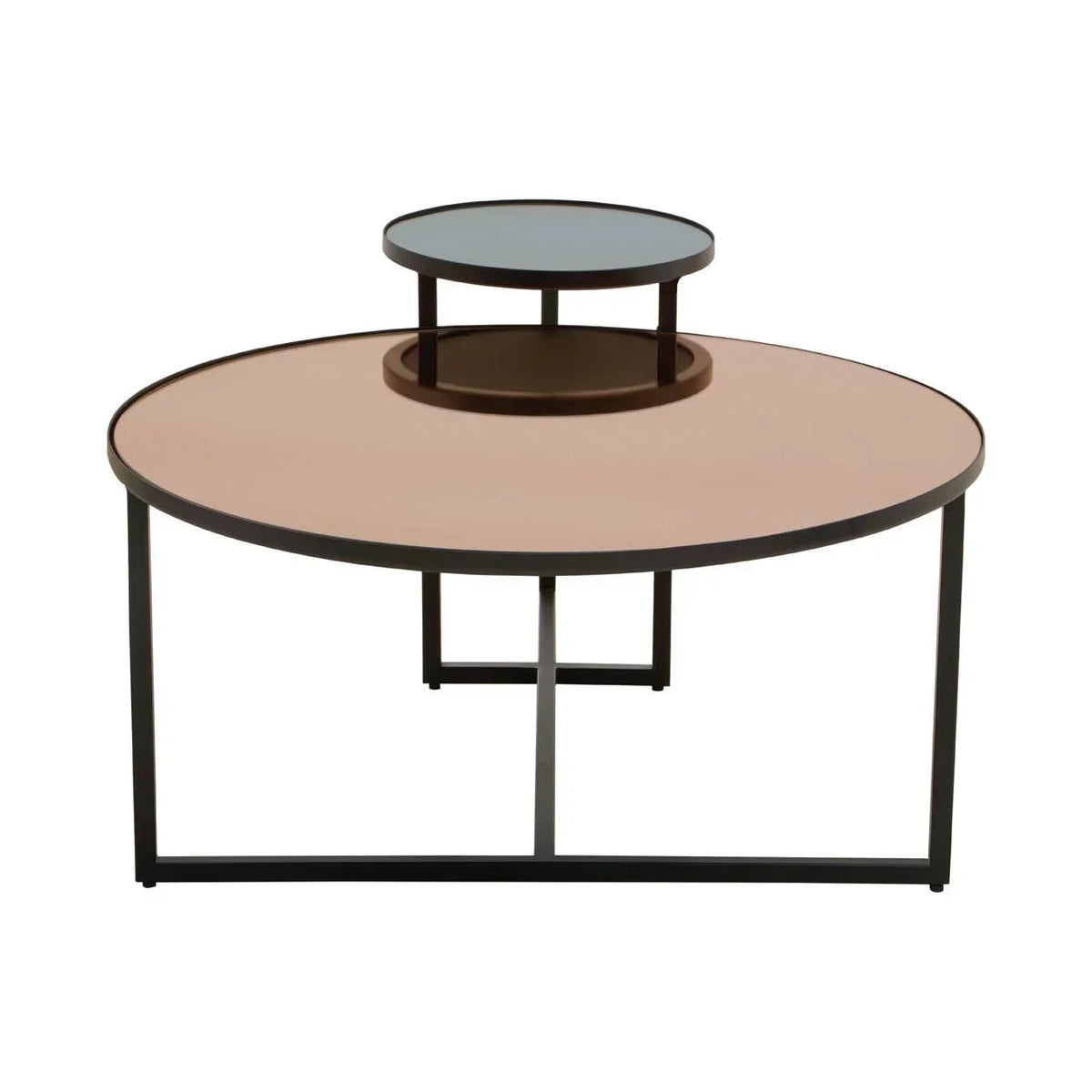 Round coffee table with metal frame, beige top and raised blue circular shelf