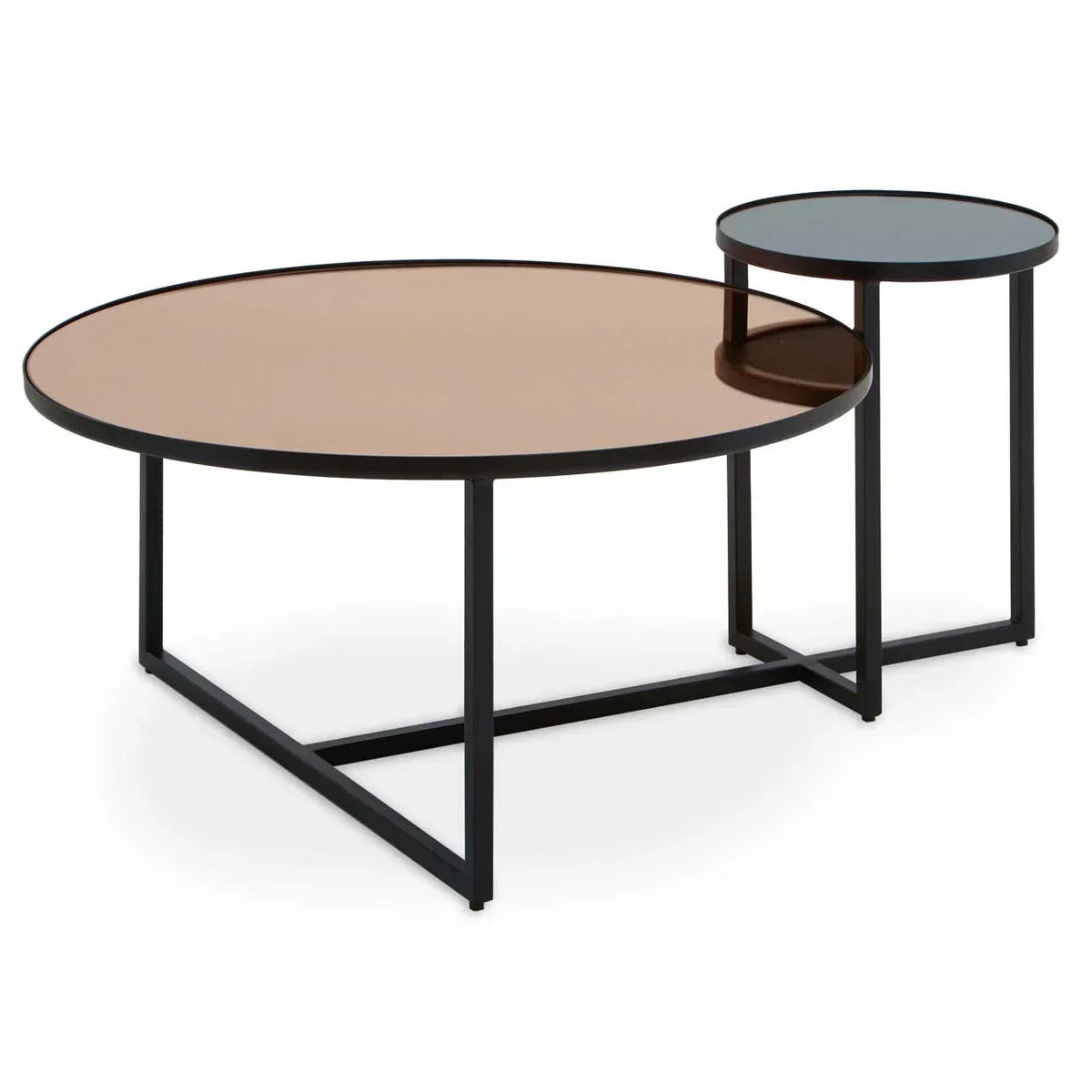 Round glass nesting coffee tables with black metal frames