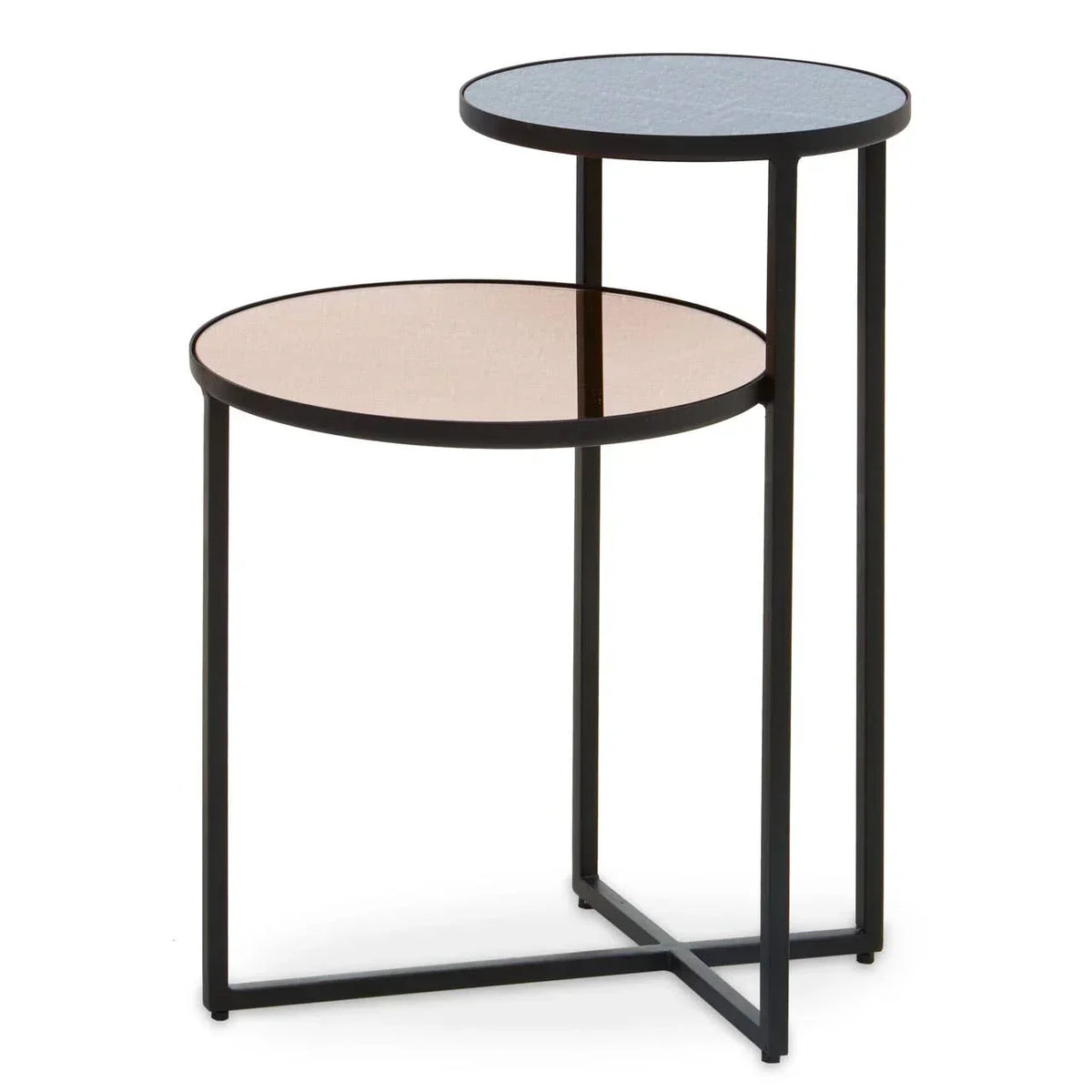 Set of two round glass nesting tables with black metal frames