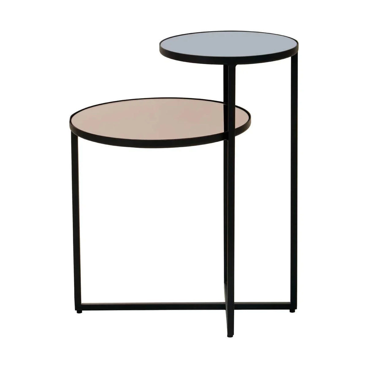 Black metal nesting side tables with round glass tops in two heights
