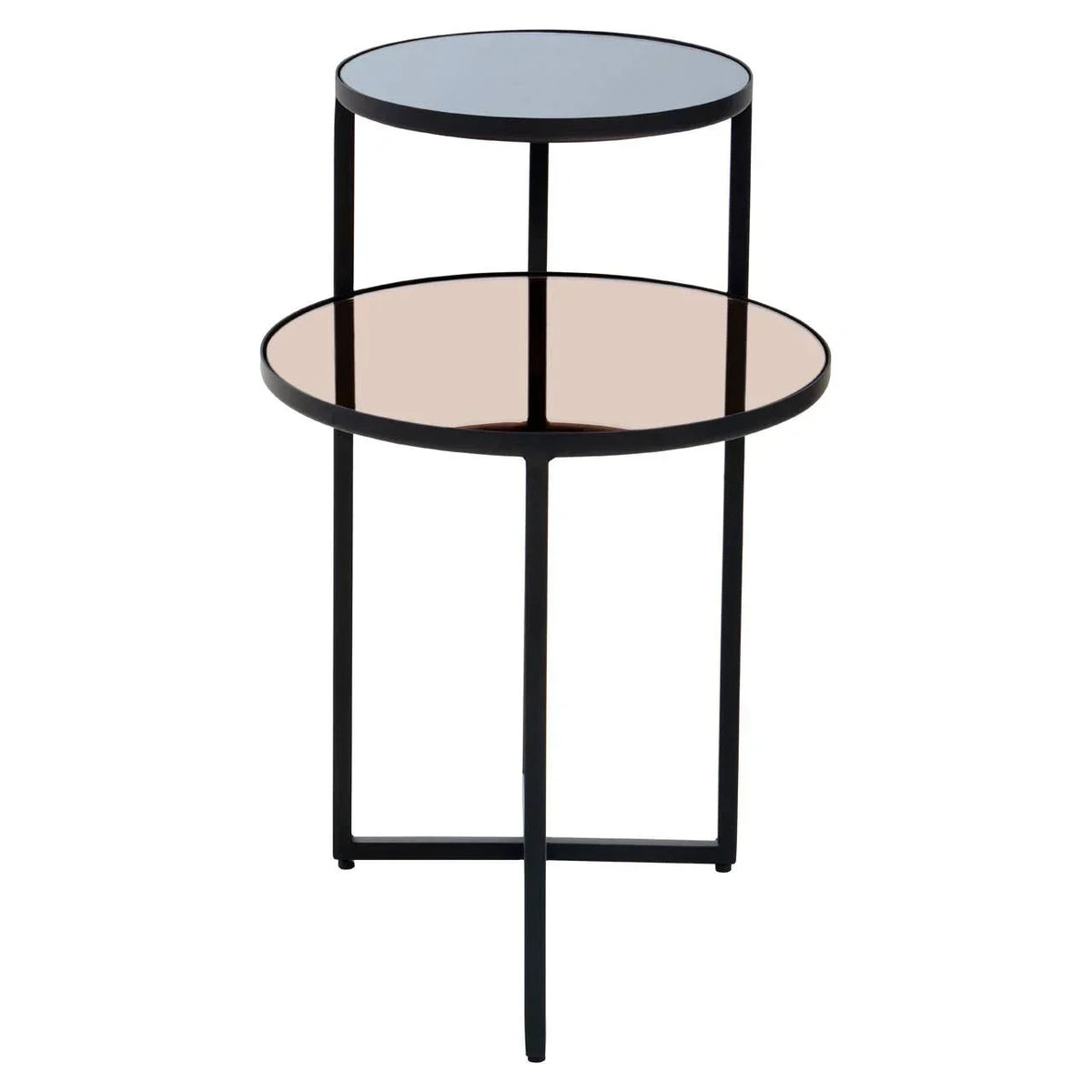 Round glass nest of tables with black metal frame, two-tier modern side table design