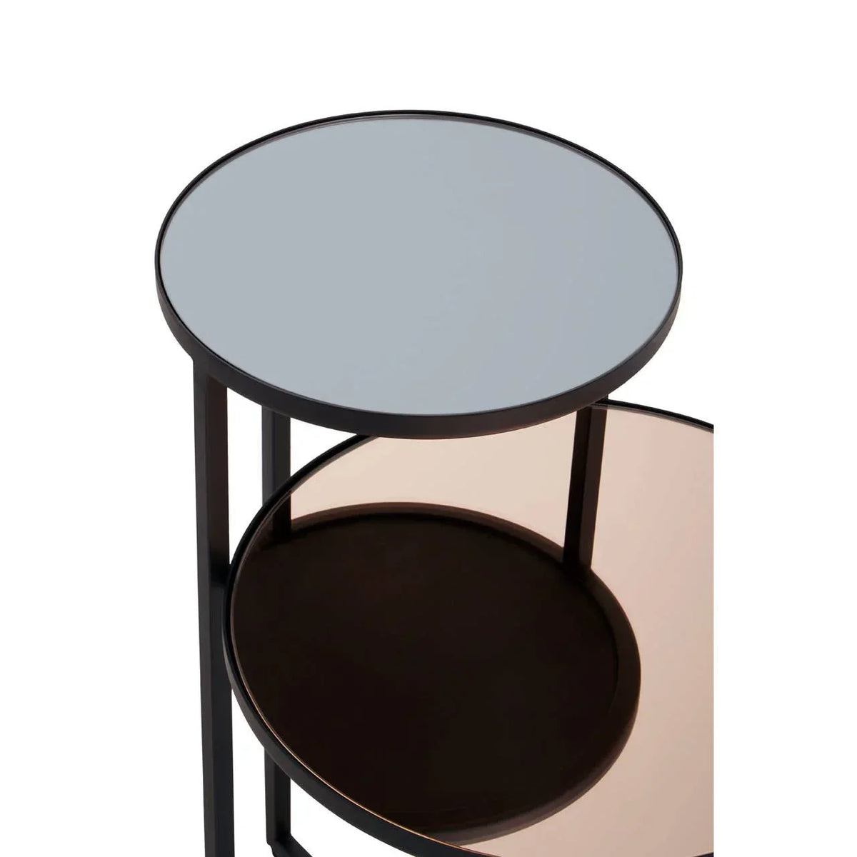 Round two-tier glass side table with black metal frame, top view
