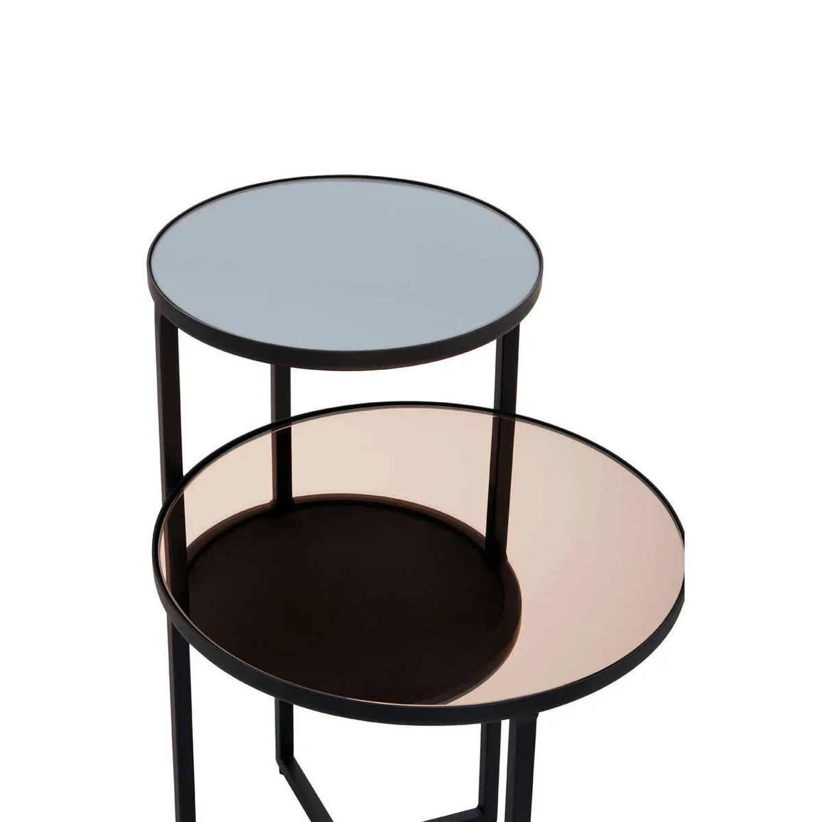 Set of two round glass side tables, one grey tinted and one bronze, with black metal frames