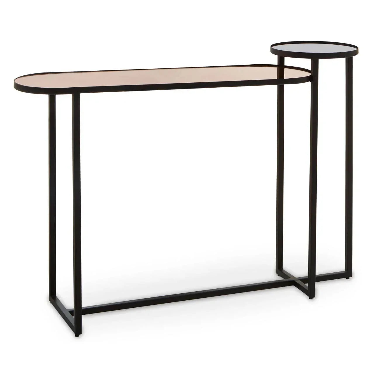 Modern console table with black metal frame and dual glass tops, one oval and one round