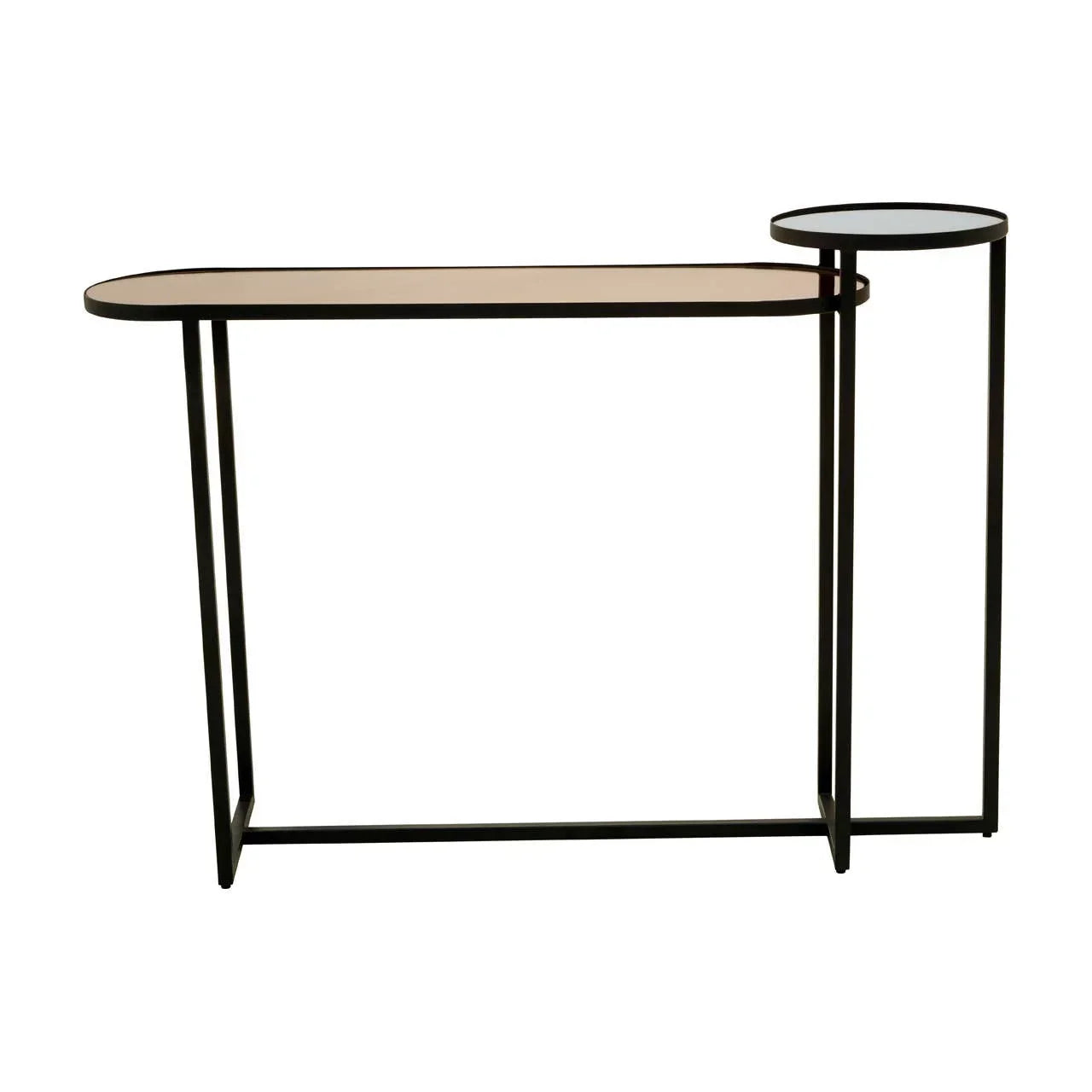 Black metal console table with clear glass top and round accent shelf