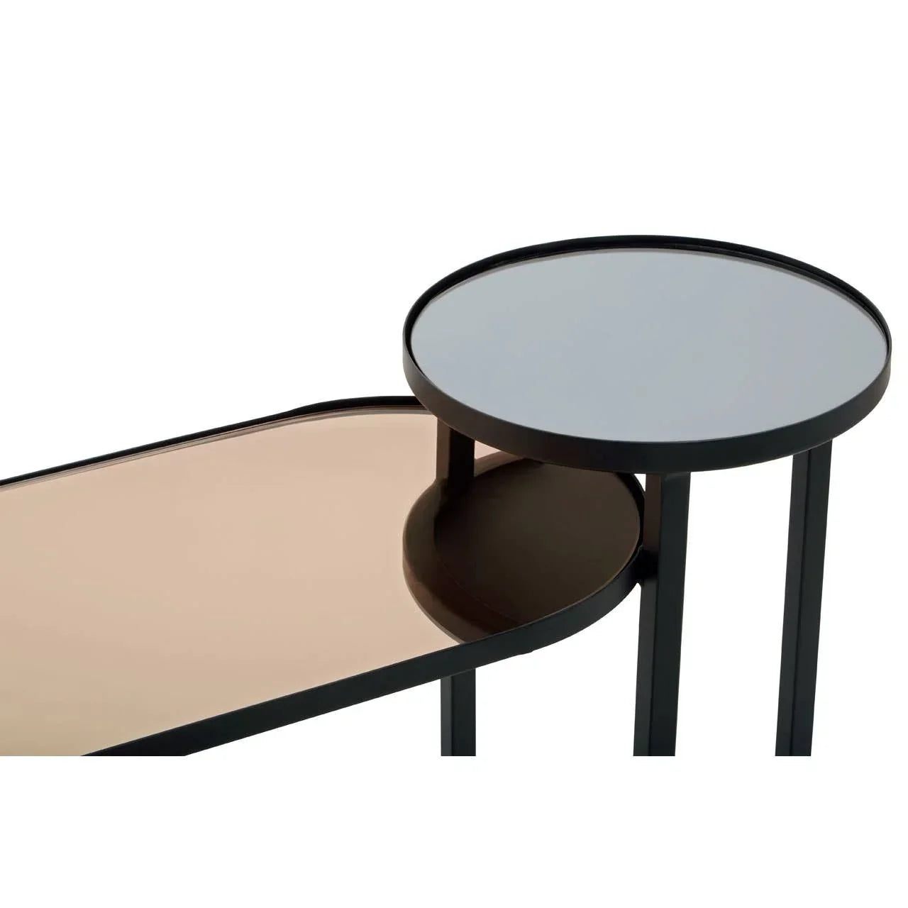 Nesting coffee table set with glass tops and black metal frames