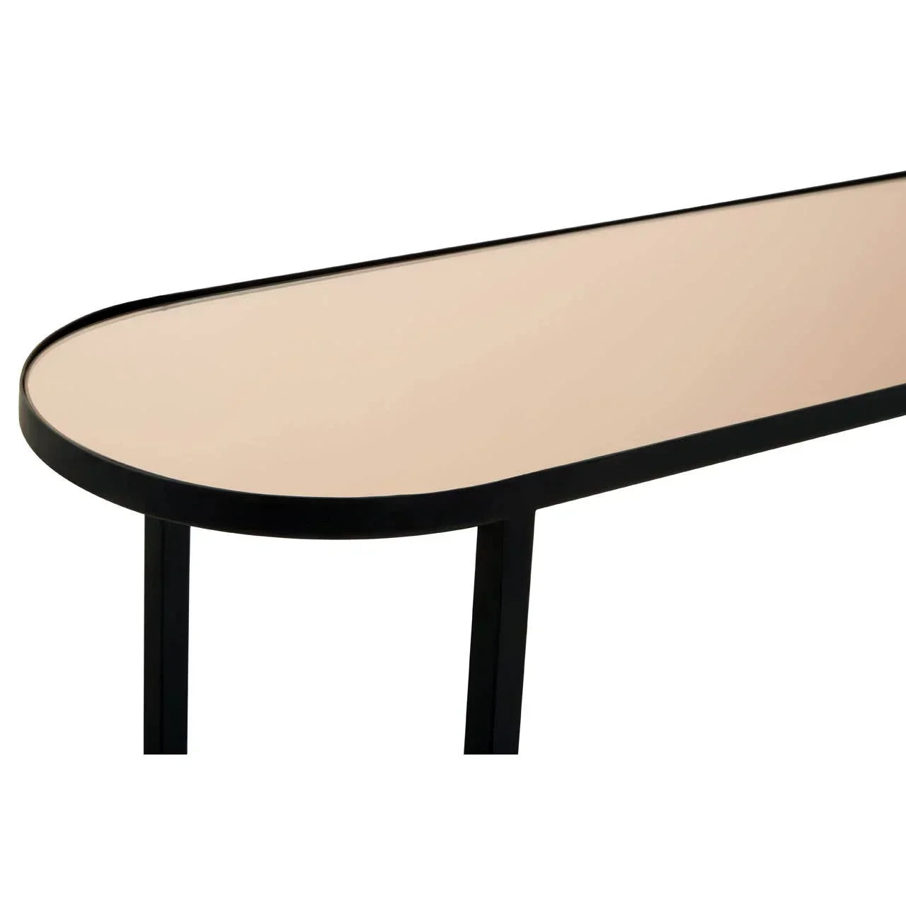 Modern console table with black metal frame and beige glass top, close view of edge and legs