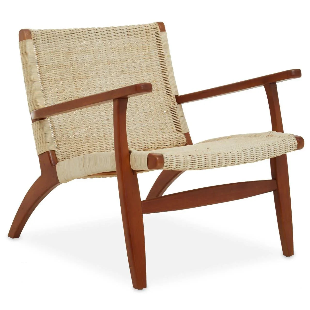 Woven lounge chair with light rattan seat and back, wooden frame and armrests, angled view