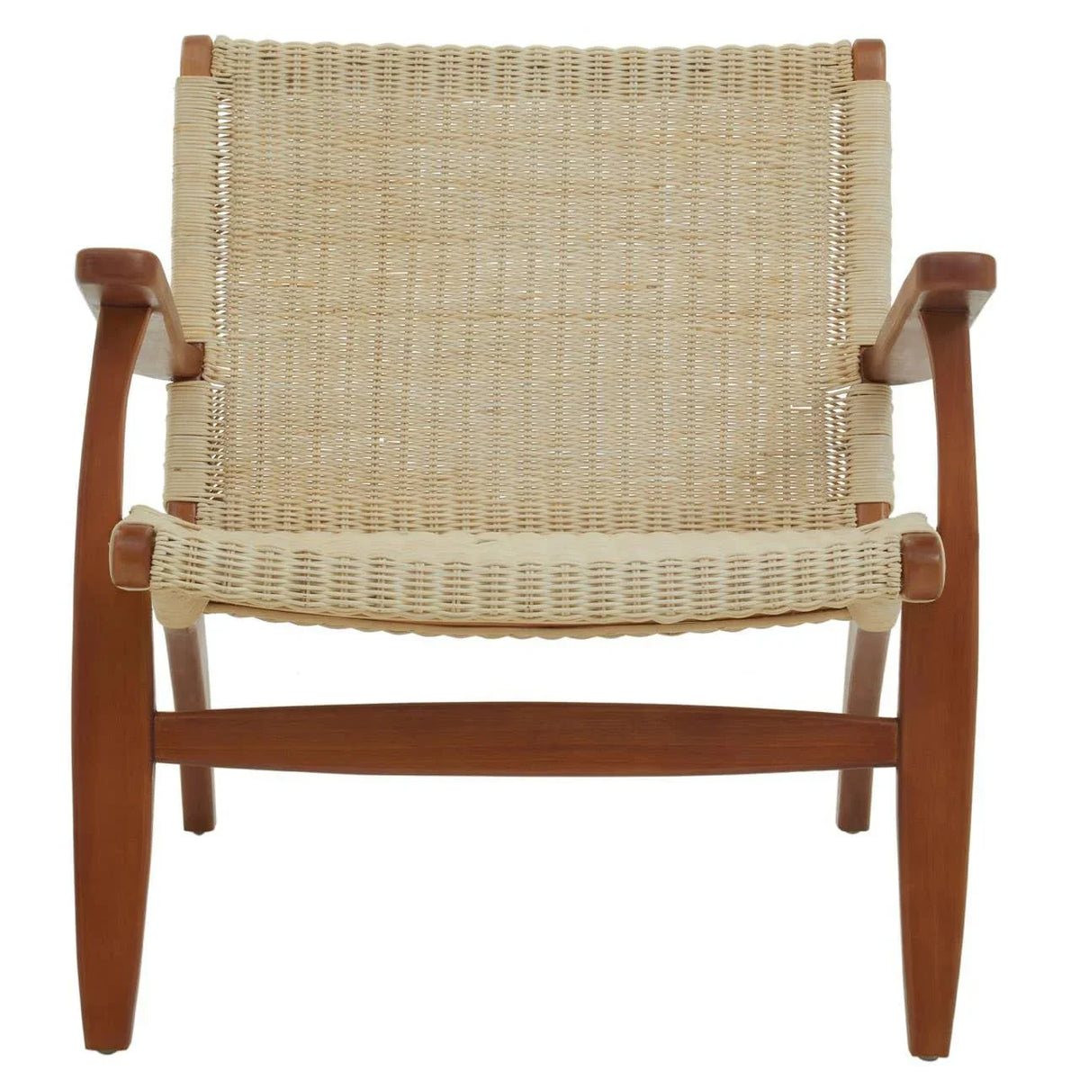 Front view of woven rattan lounge chair with light wood frame and armrests