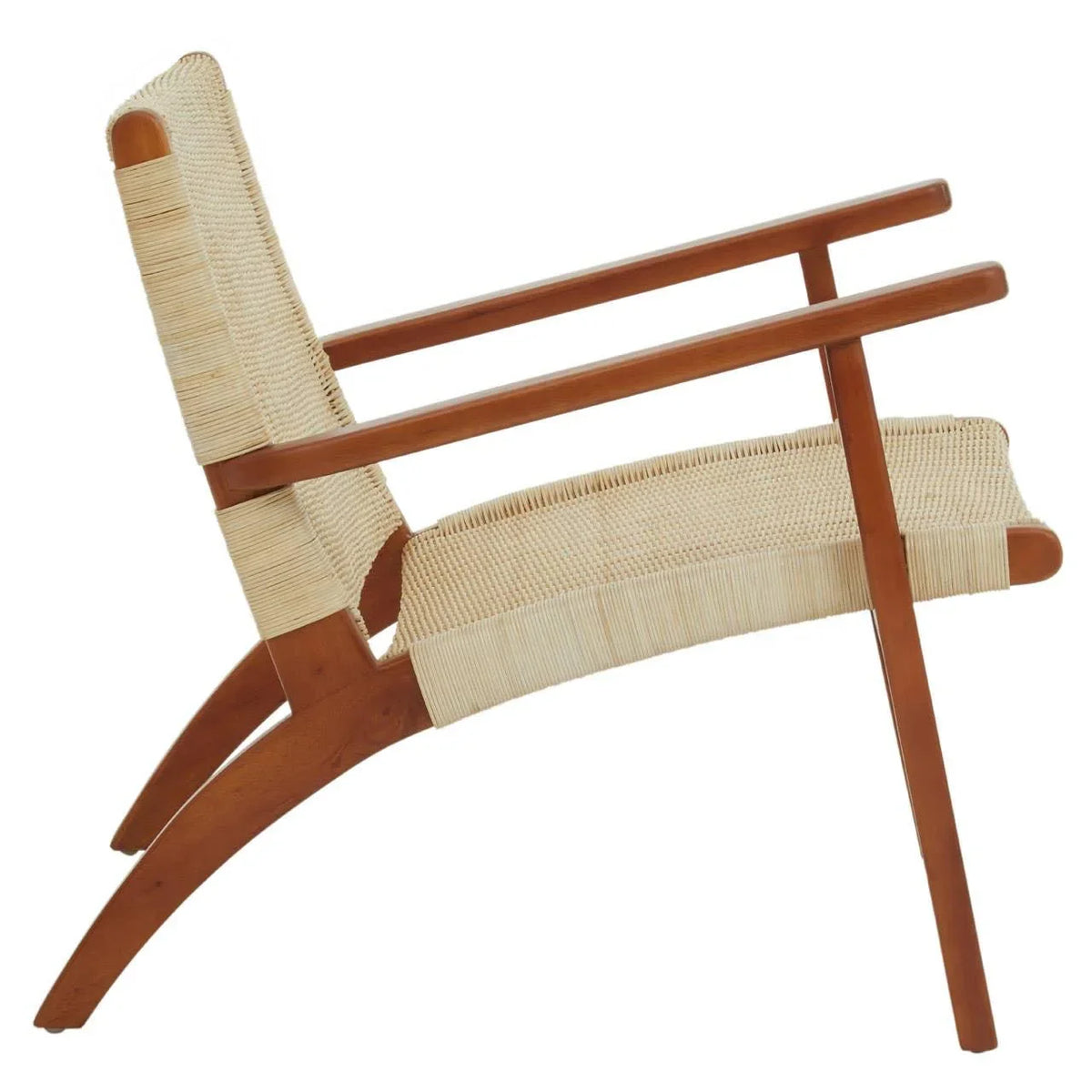 Side view of wooden lounge chair with woven rattan seat and backrest