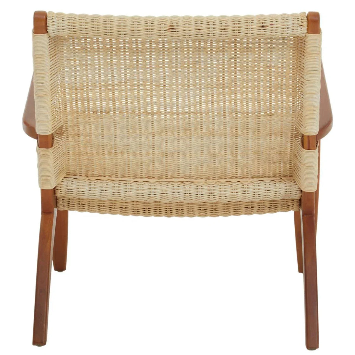 Rear view of woven rattan armchair with wooden frame and natural finish