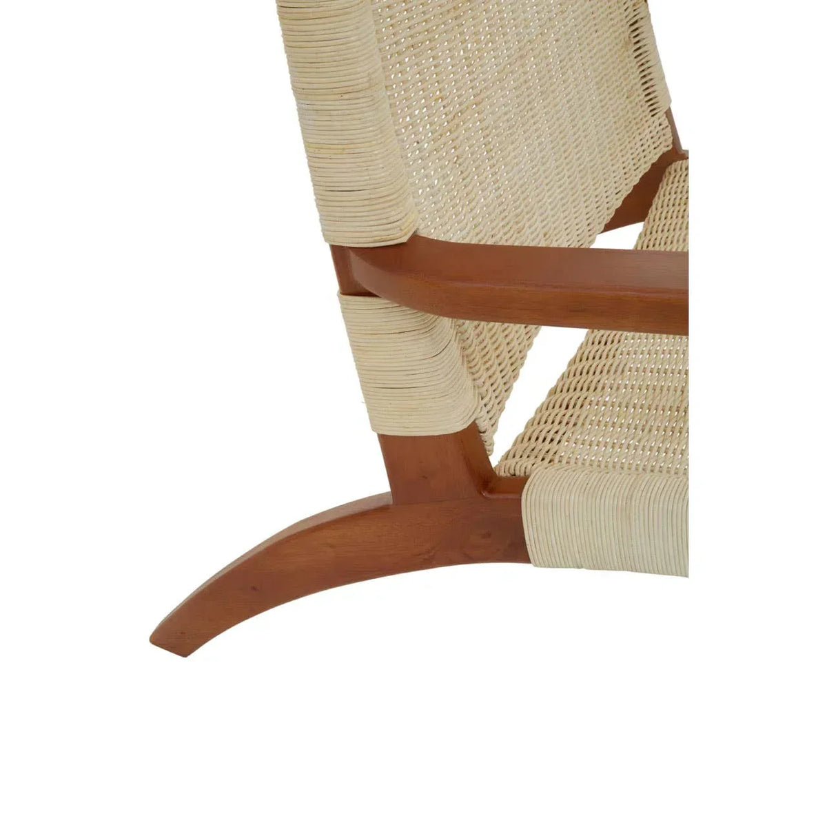 Closeup of wooden chair frame with woven rattan seat and backrest