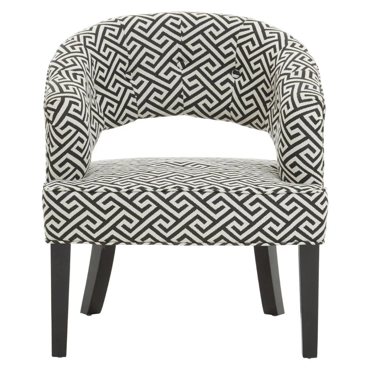 Black and white accent chair with geometric pattern and curved backrest, front view