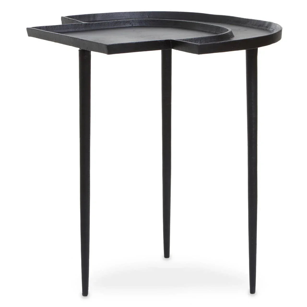 Black metal side table with three slender legs and geometric tray top