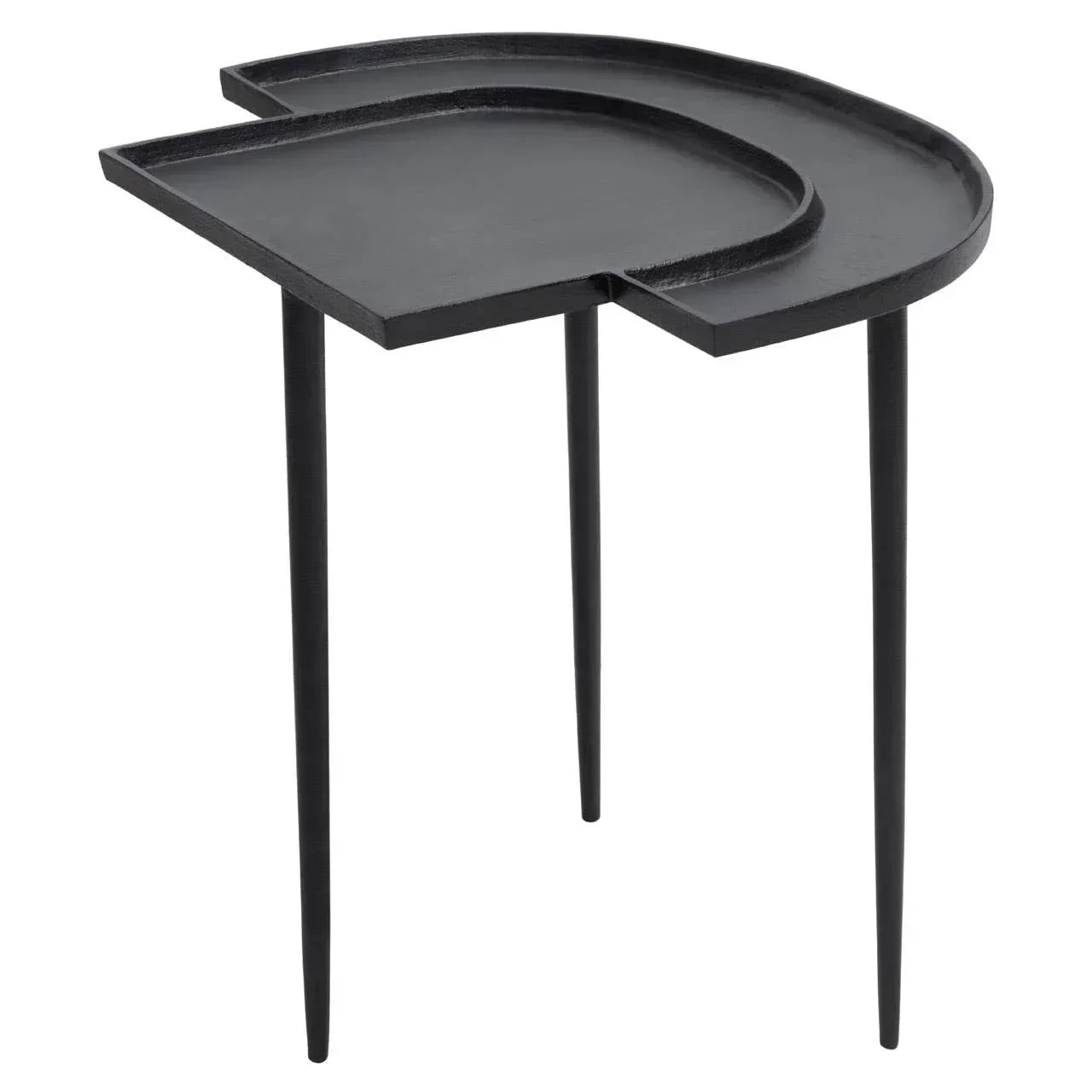 Black metal side table with curved geometric top and three slender legs