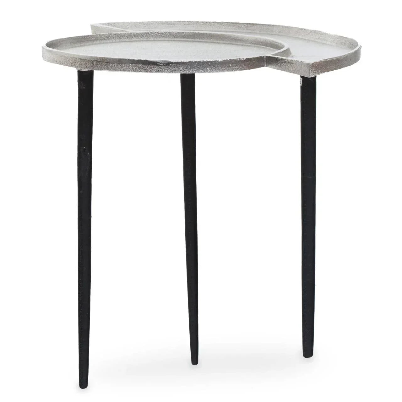Modern metal side table with round overlapping silver tops and three black legs
